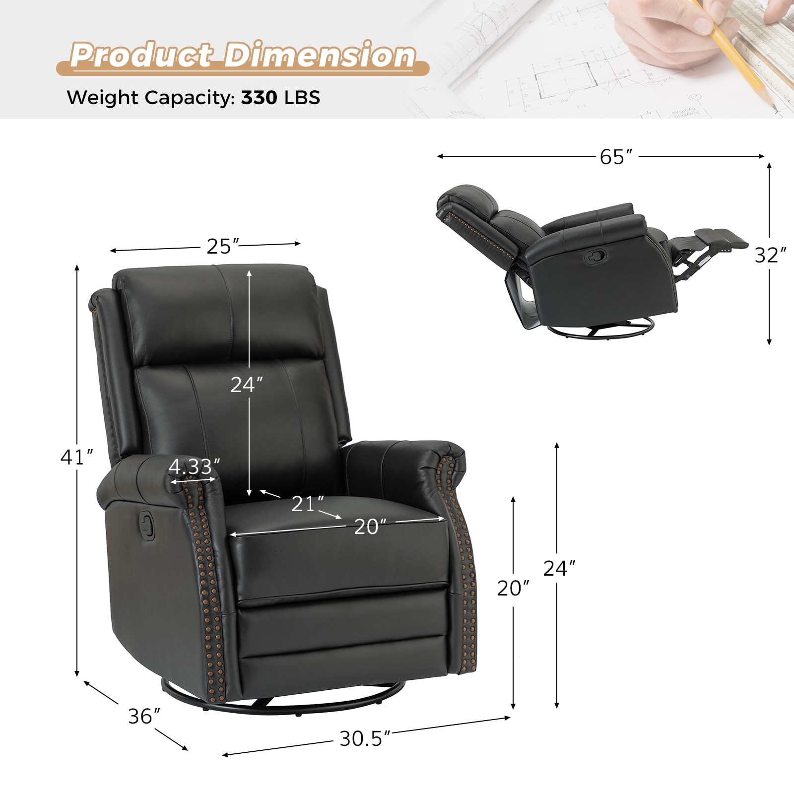 Alina Modern Genuine Leather Swivel Rocker Nursery Manual Recliner Chair with Rolled Arms by HULALA HOME