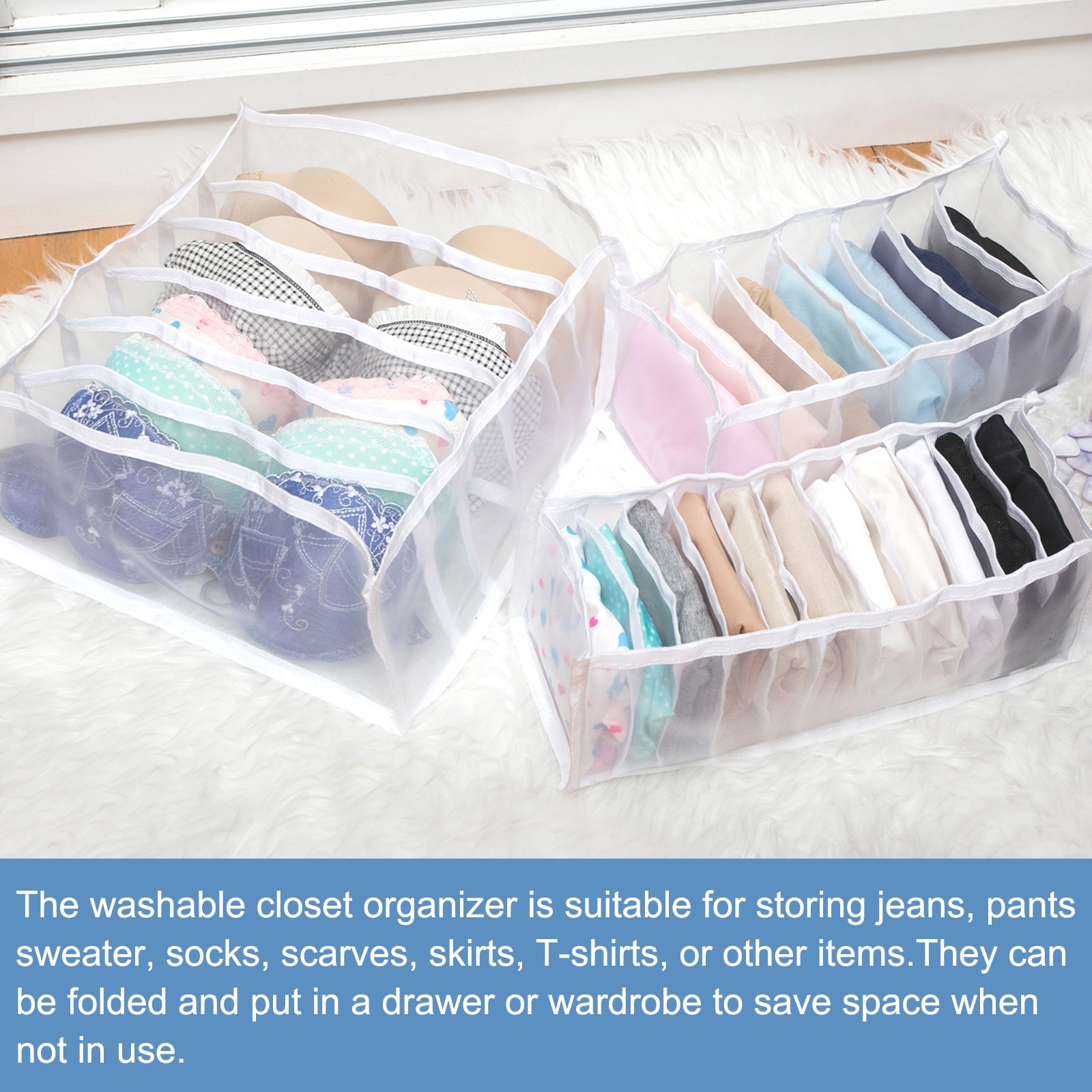 2pcs Foldable Underwear Drawer Organizer Mesh Clothes Storage Bins, White
