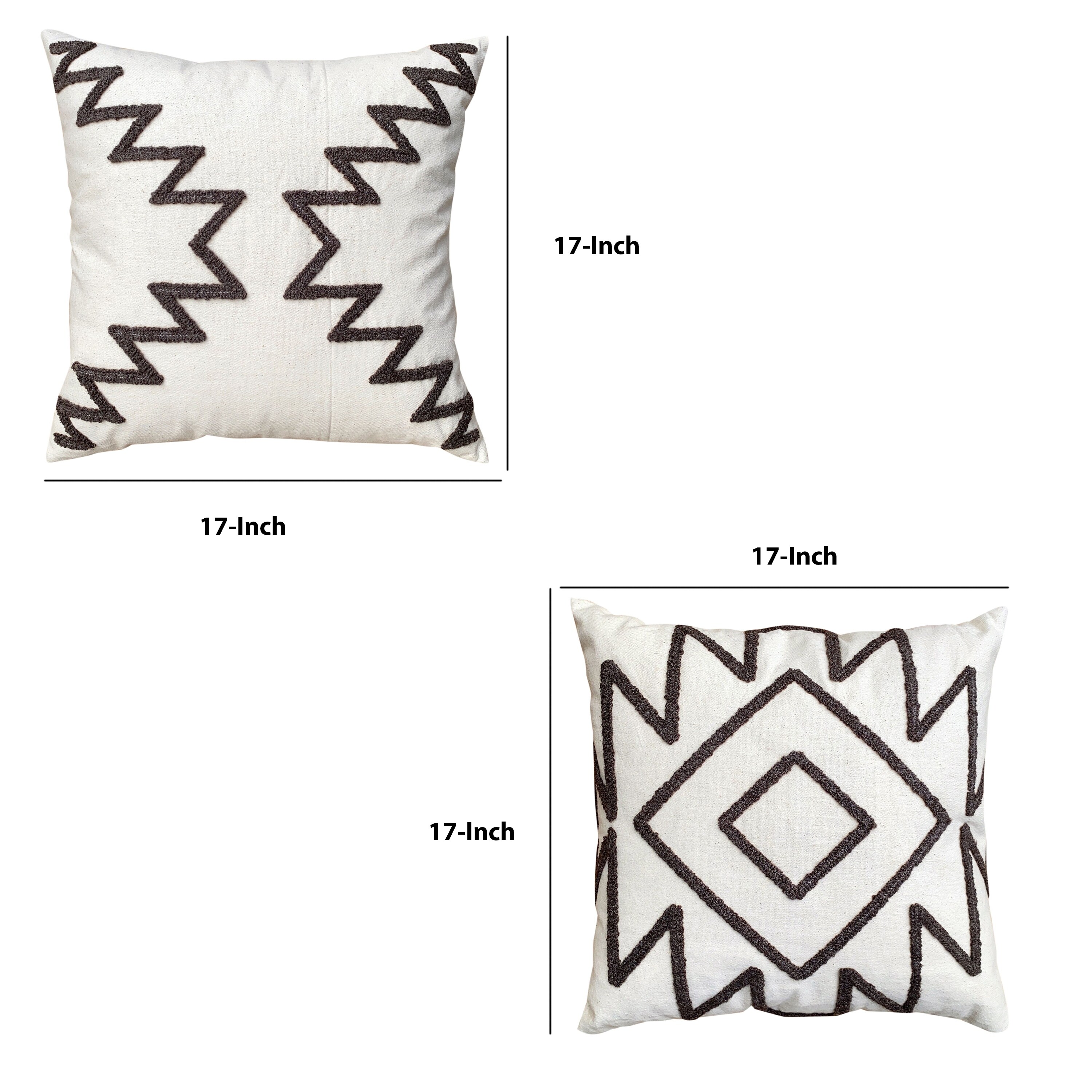 17 x 17 Inch 2 Piece Square Cotton Accent Throw Pillow Set with Modern Geometric Aztec Design Hand Embroidery - White
