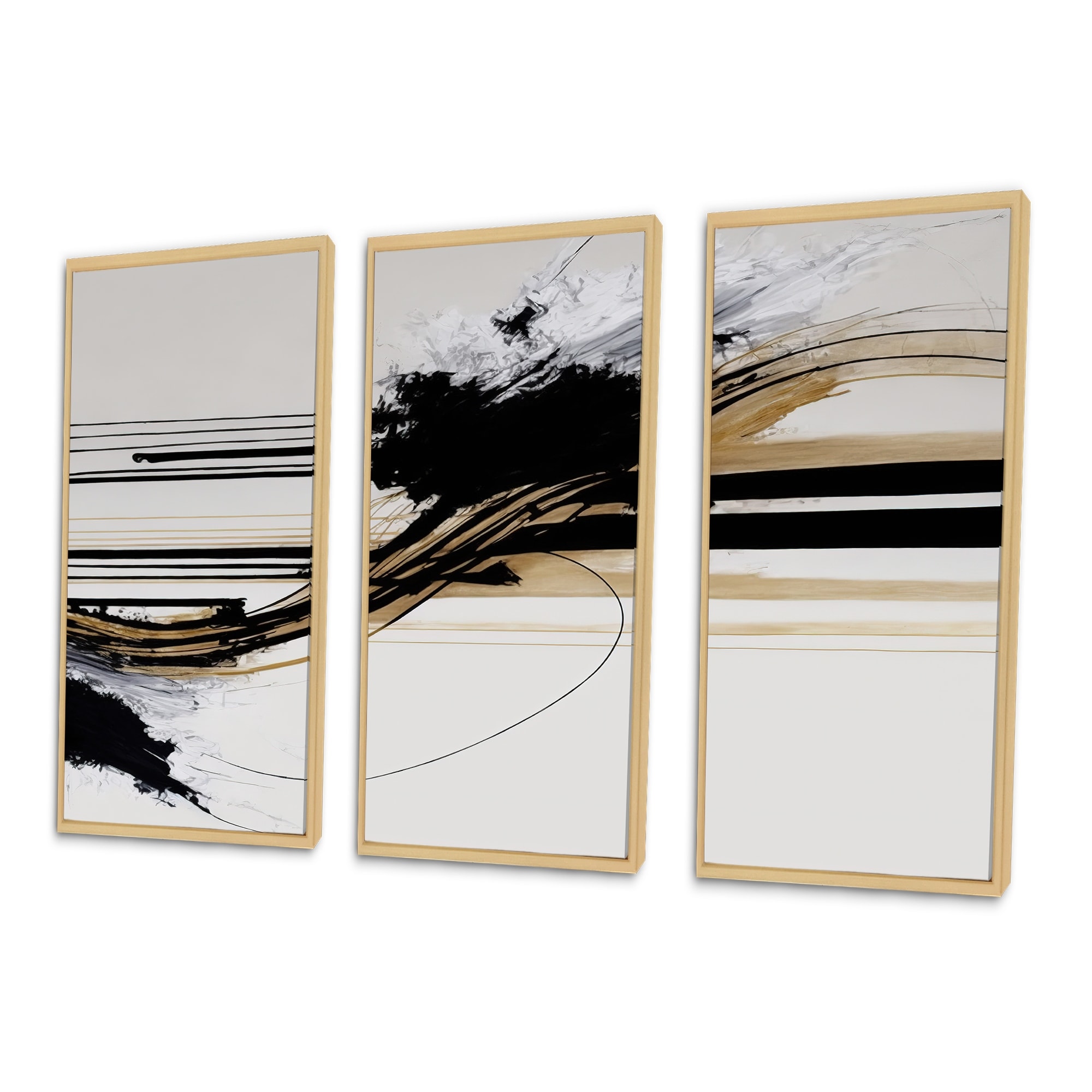 Designart "Golden Minimalist Abstract II" Modern Geometric Framed Canvas Art Print - 3 Panels