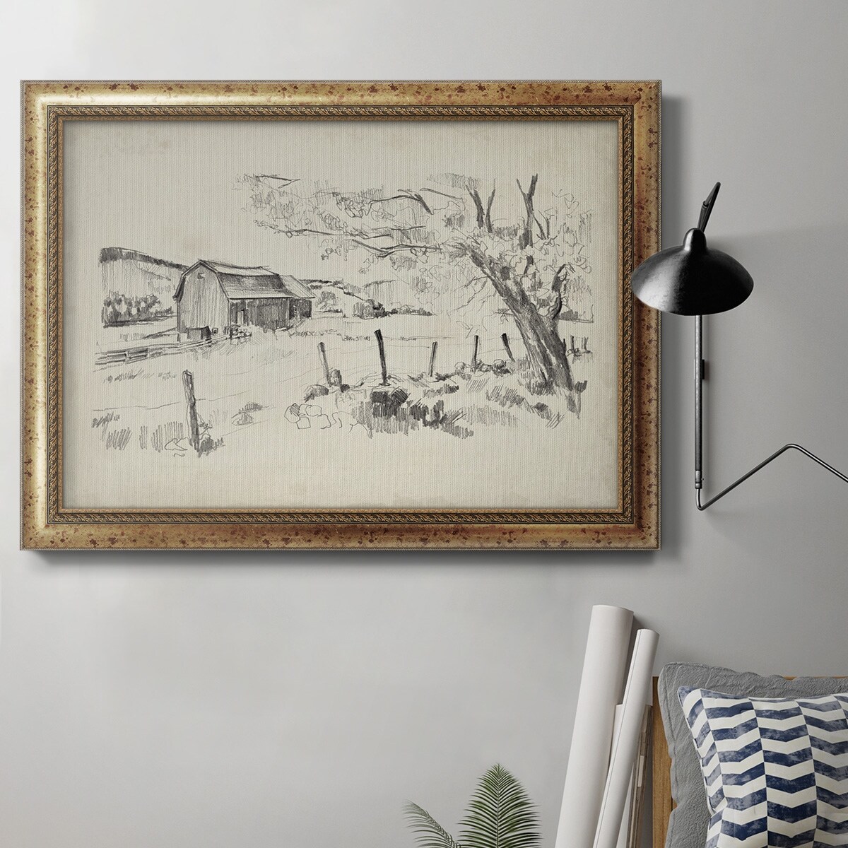 Sketched Barn View II Premium Framed Canvas- Ready to Hang