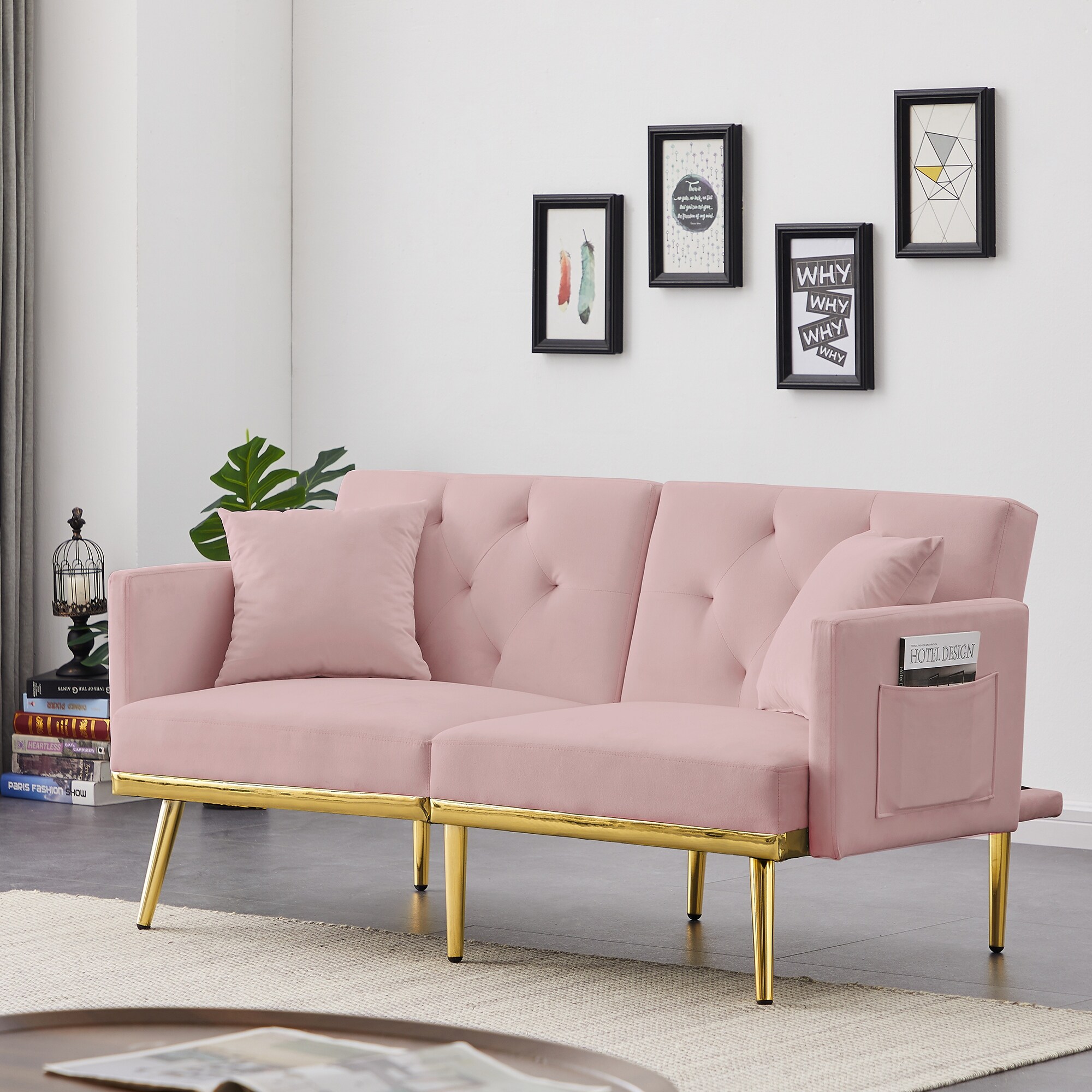 Modern Velvet Upholstered Sofa Bed with Metal Legs