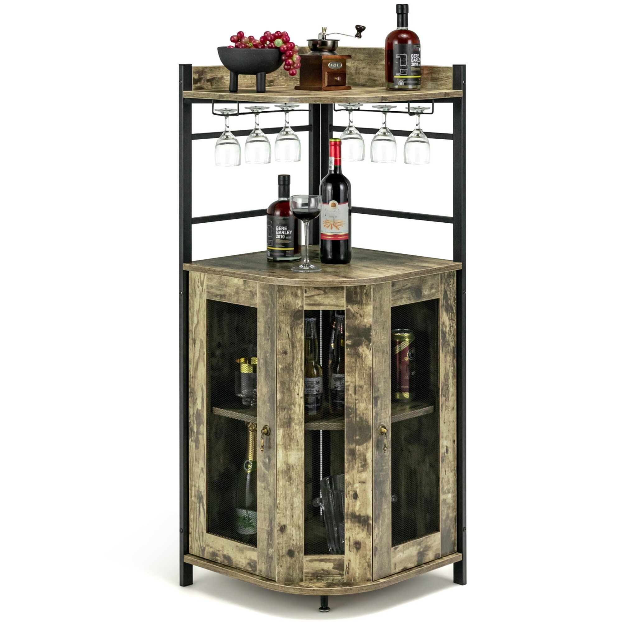 Costway Corner Bar Cabinet Industrial Liquor Wine Cabinet with Glass - See Details