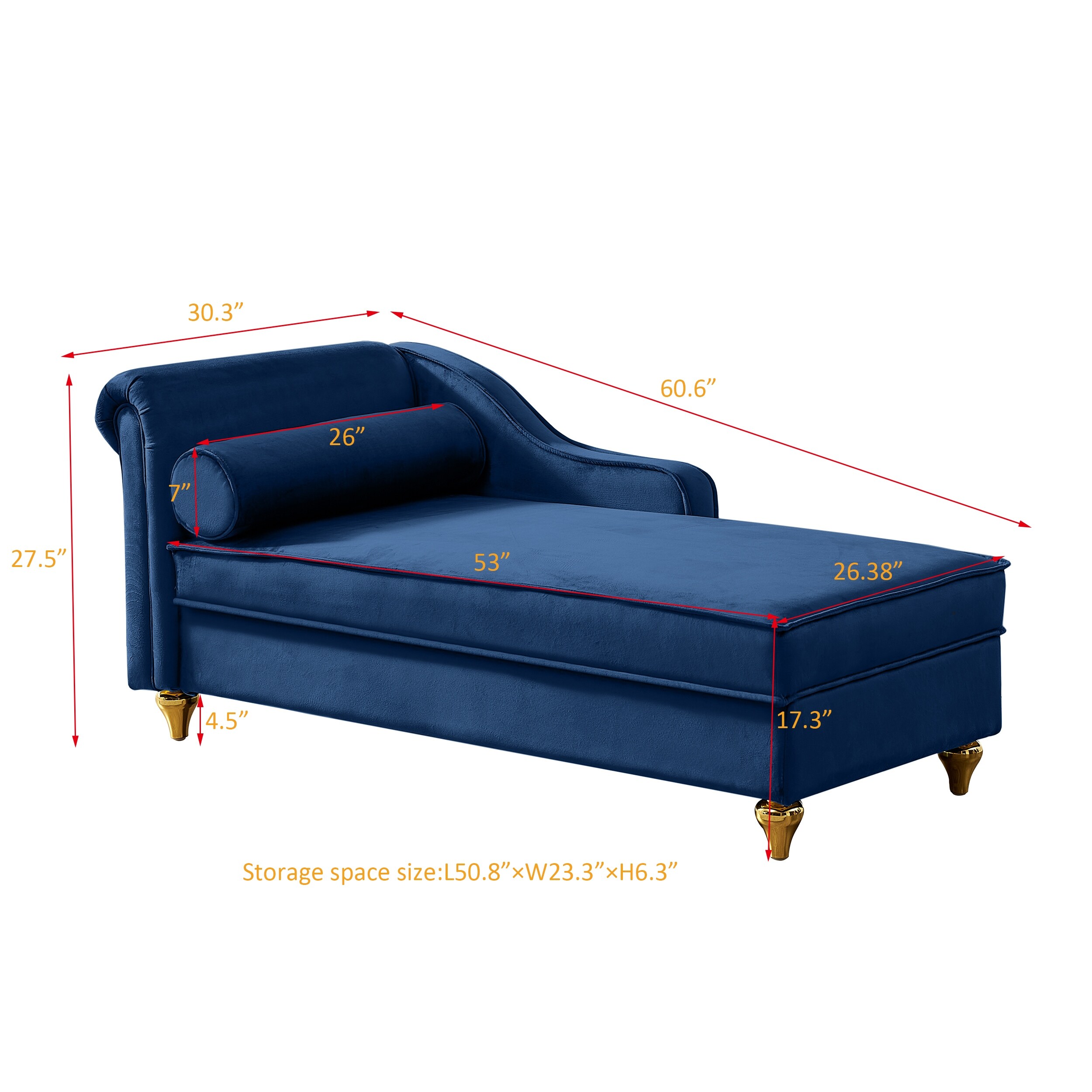 Modern Upholstery Velvet Chaise Lounges Chairs Hidden Storage Lounges Chair with Round Pillow, for Livingroom, Navy Blue