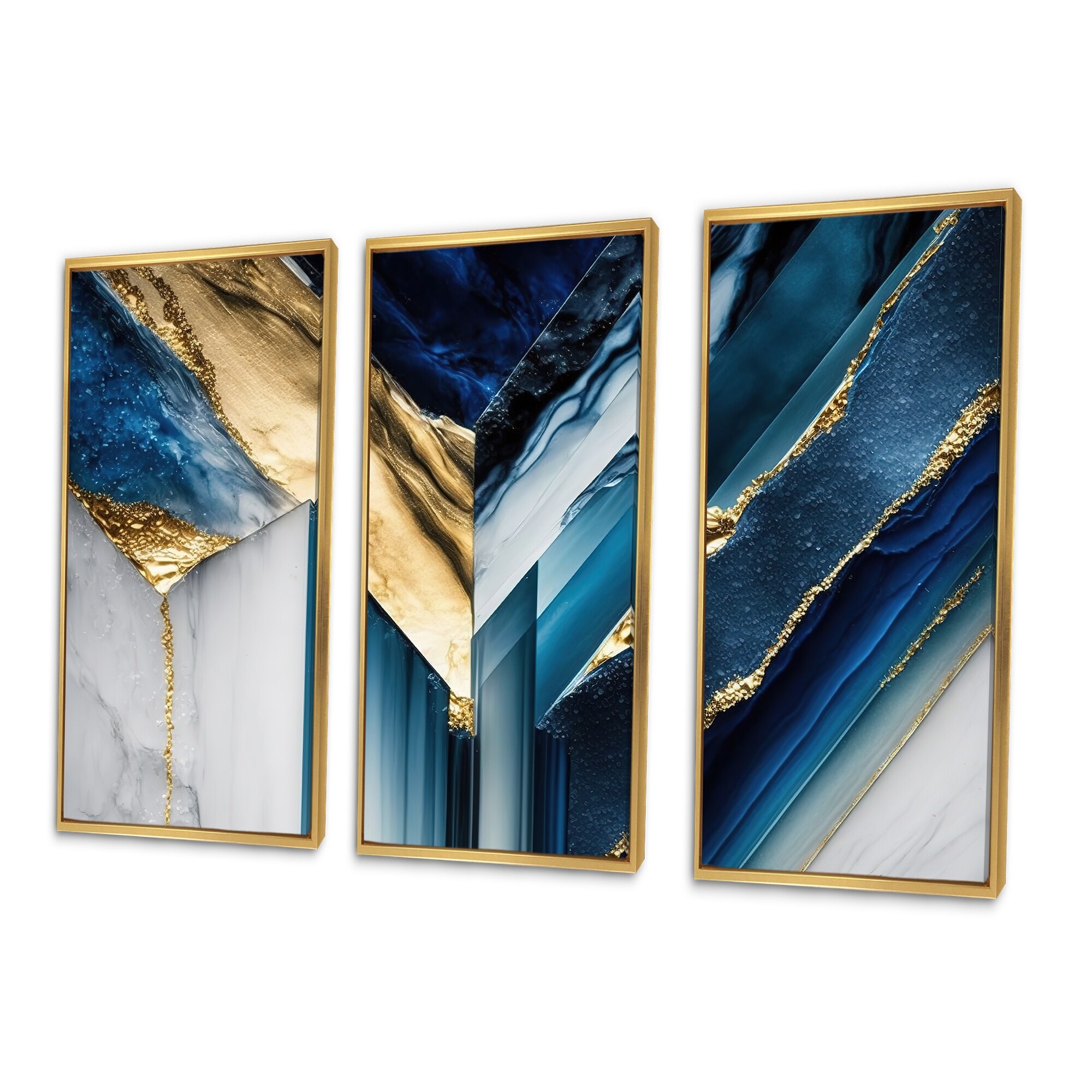 Designart "Abstract Geode Geometric Blue I" Modern Geometric Framed Canvas Art Print - 3 Panels