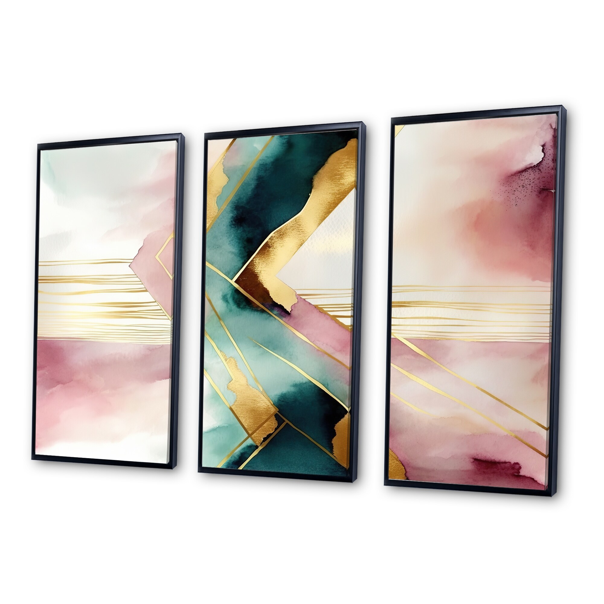 Designart "Abstract Geode Geometric Pink And Green III" Modern Geometric Framed Canvas Art Print - 3 Panels
