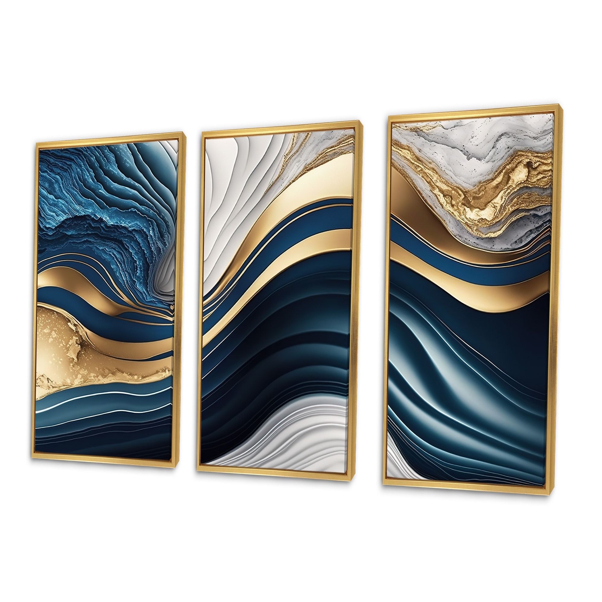 Designart "Abstract Geode Waves Blue I" Modern Waves Framed Canvas Art Print - 3 Panels