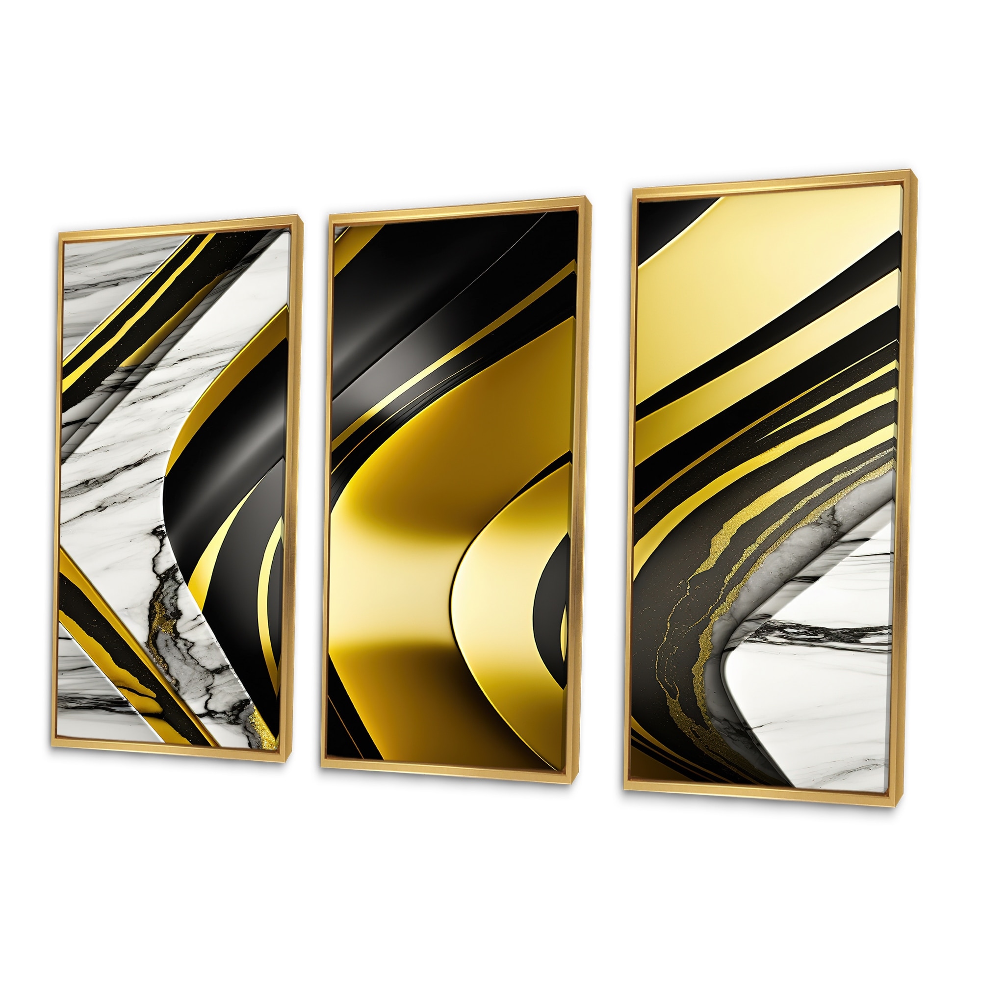 Designart "Abstract Geode Marble Waves Gold I" Modern Waves Framed Canvas Art Print - 3 Panels