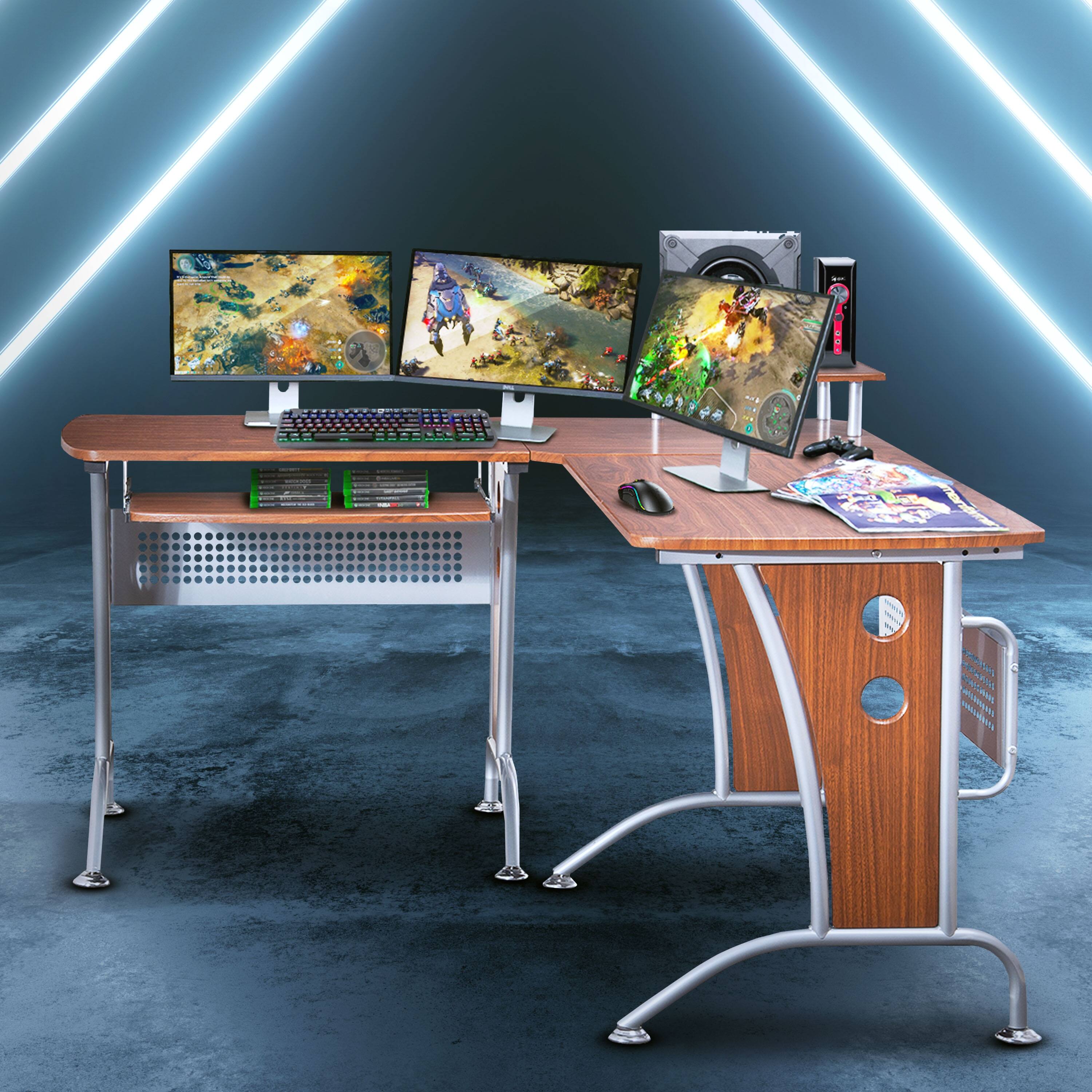 Deluxe Loft-style L-shaped Computer Desk with Pull Out Keyboard Panel, 67" W x 57" D x 33" H, Mahogany