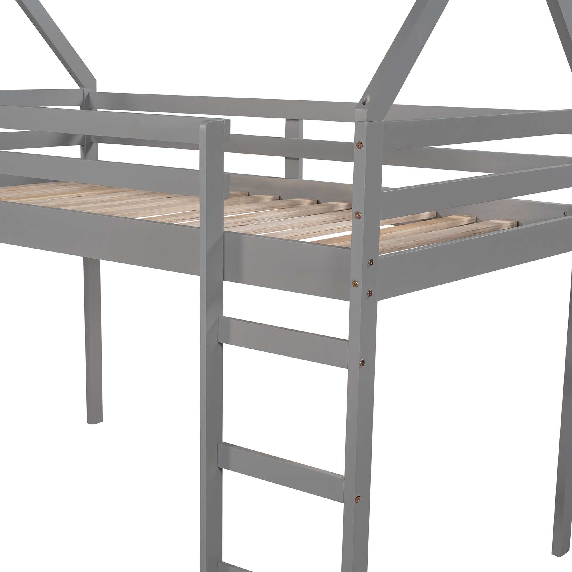 Elegant Design Twin Size Loft Bed with Slide, Roof & Ladder, Wooden House Bed with Safety Guardrails, No Box Spring Needed, Grey