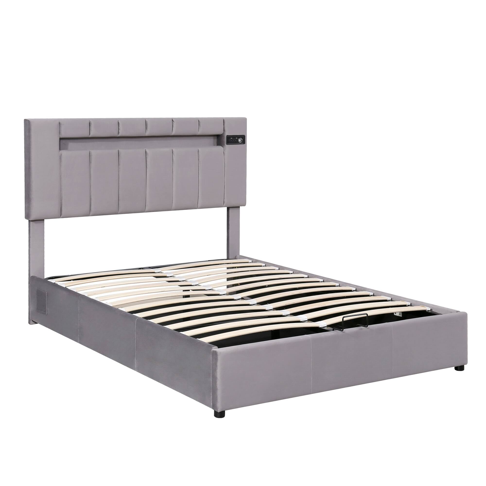 Full Size Upholstered Platform Bed with Hydraulic Storage Space, LED light, Bluetooth Player and USB Charging