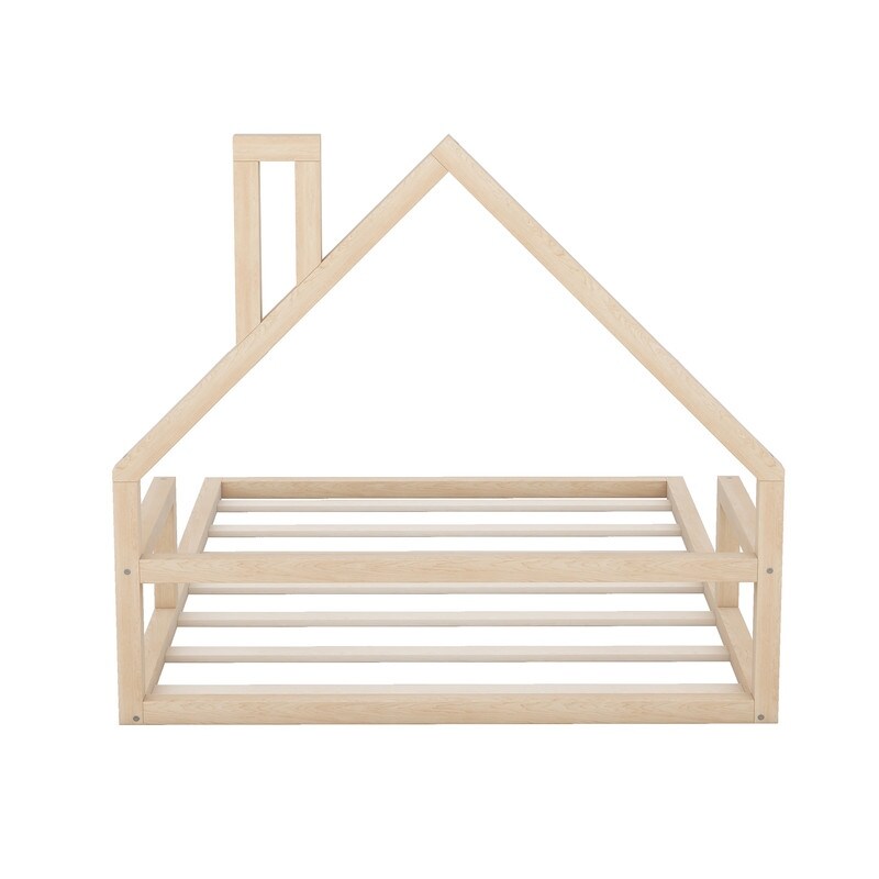 Twin/Full Bed Frame for Kids, Wood Platform Bed with House Shape Headboard, Floor Platform Bed for Girls Boys
