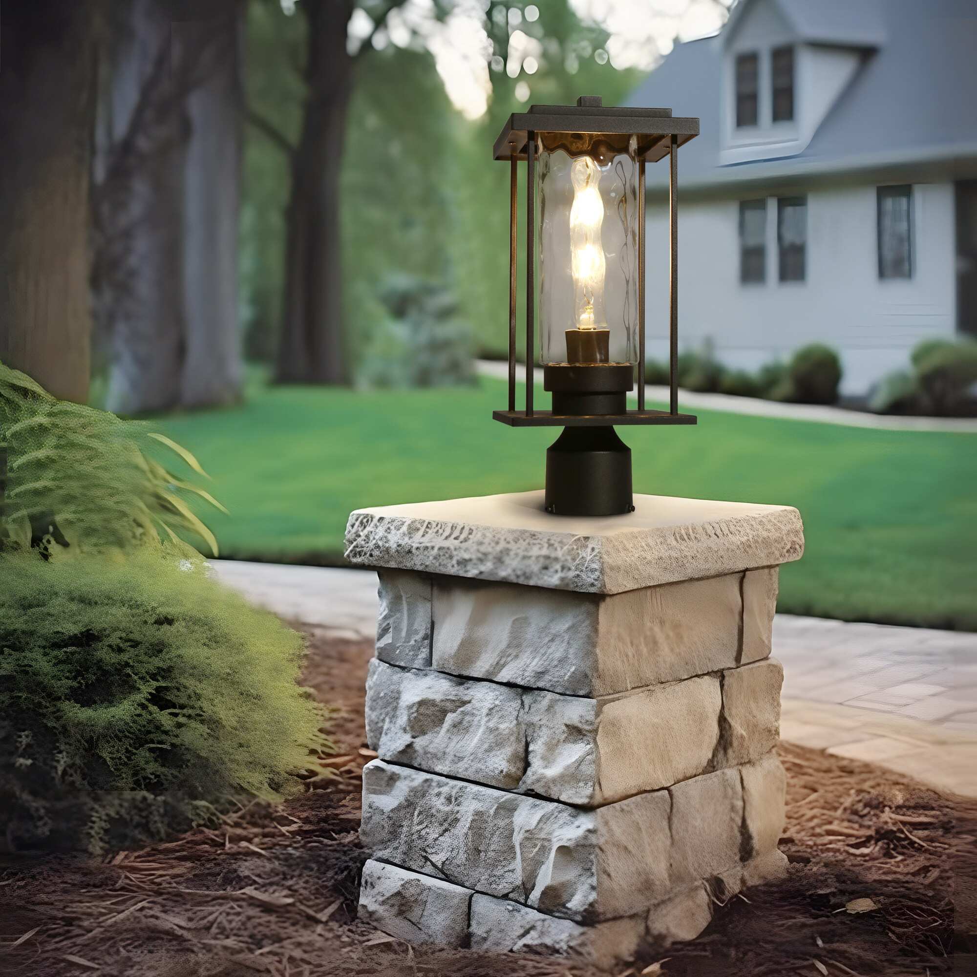 Modern Farmhouse 1-Light Black Outdoor Post Lights with Rippled Glass for Porch - L 6.7" x W 6.7" x H 15.7"