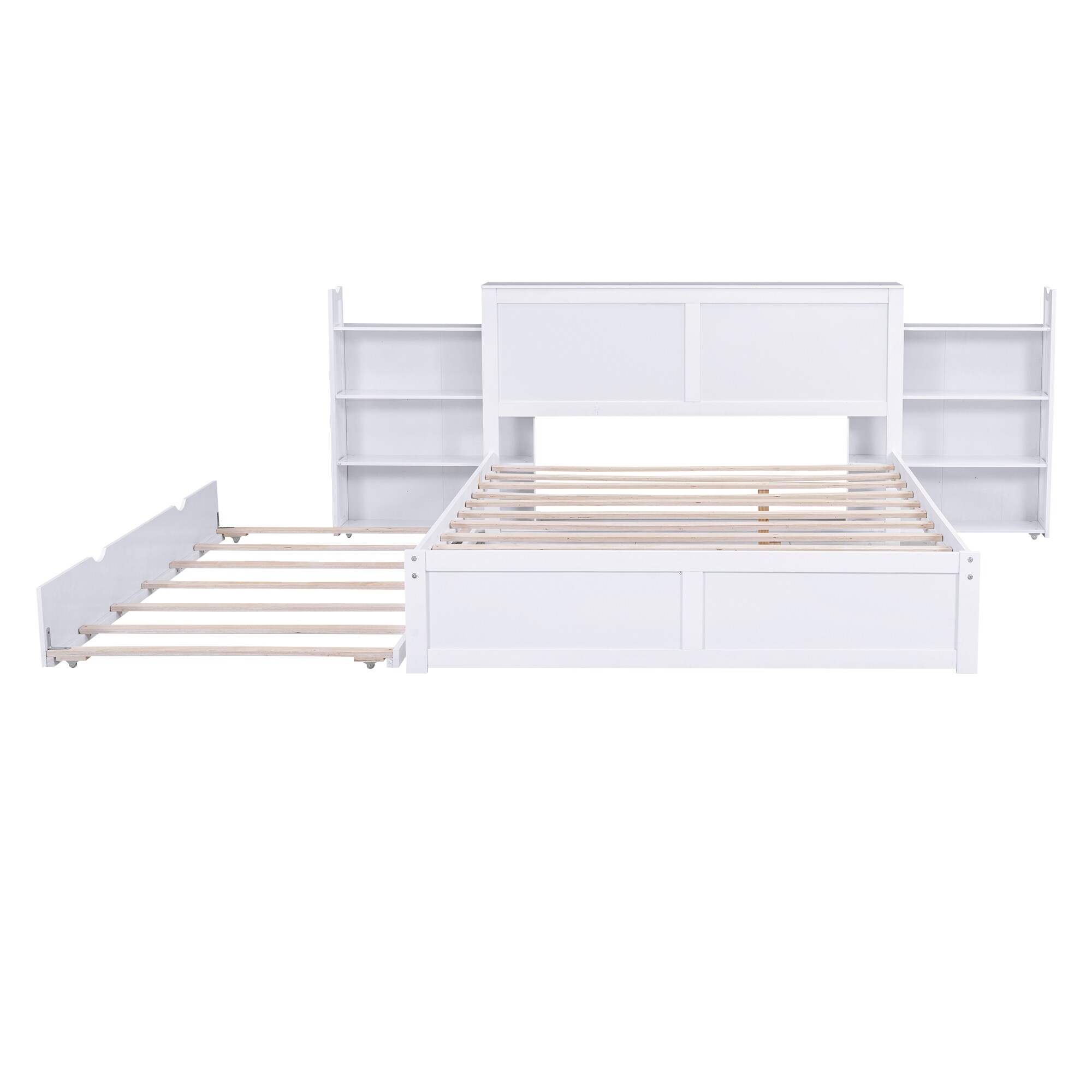 Queen Size Storage Platform Bed with Pull Out Shelves and Twin Size Trundle, White