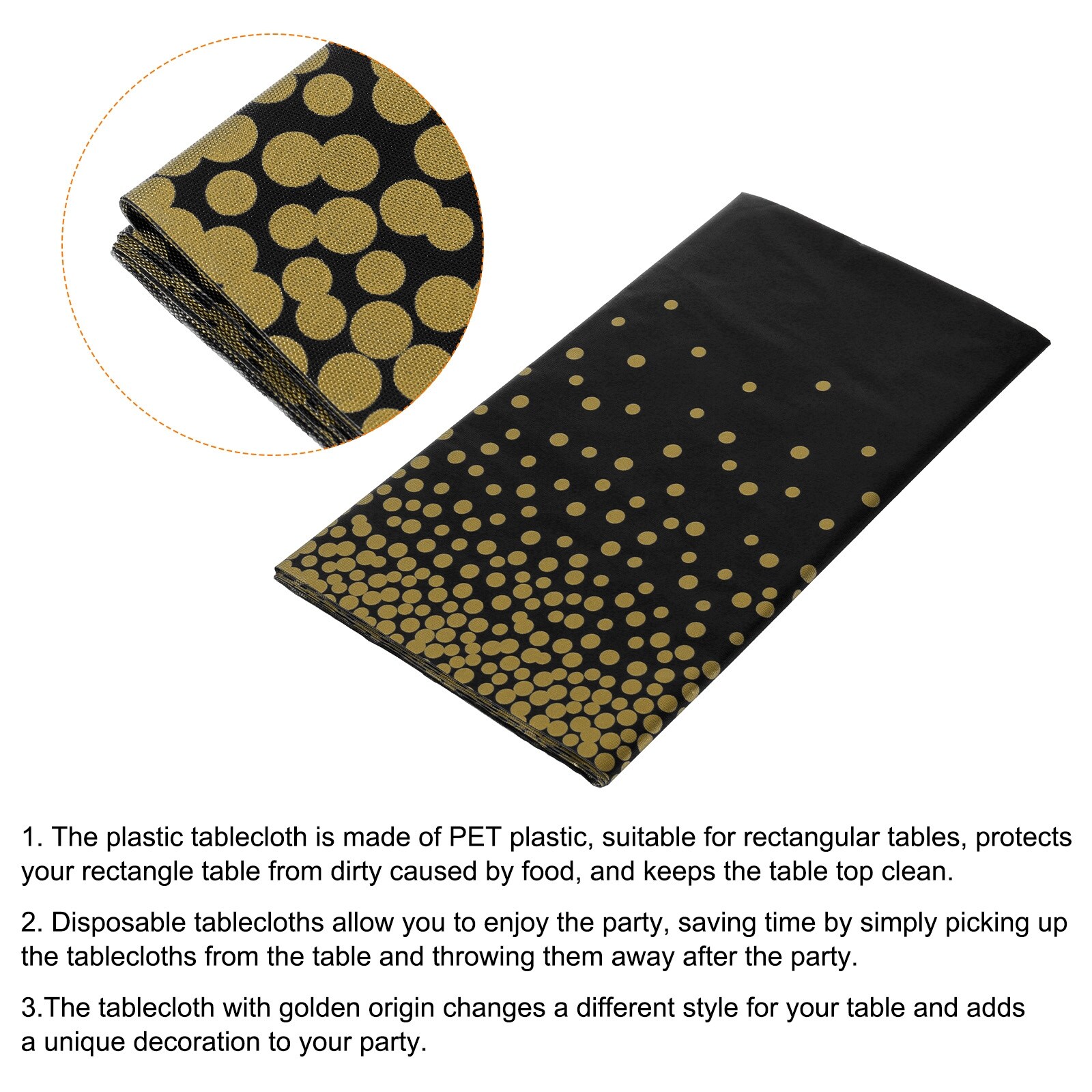 3Pcs Black Disposable Plastic Tablecloth 54"x108" Gold Dots Table Cover