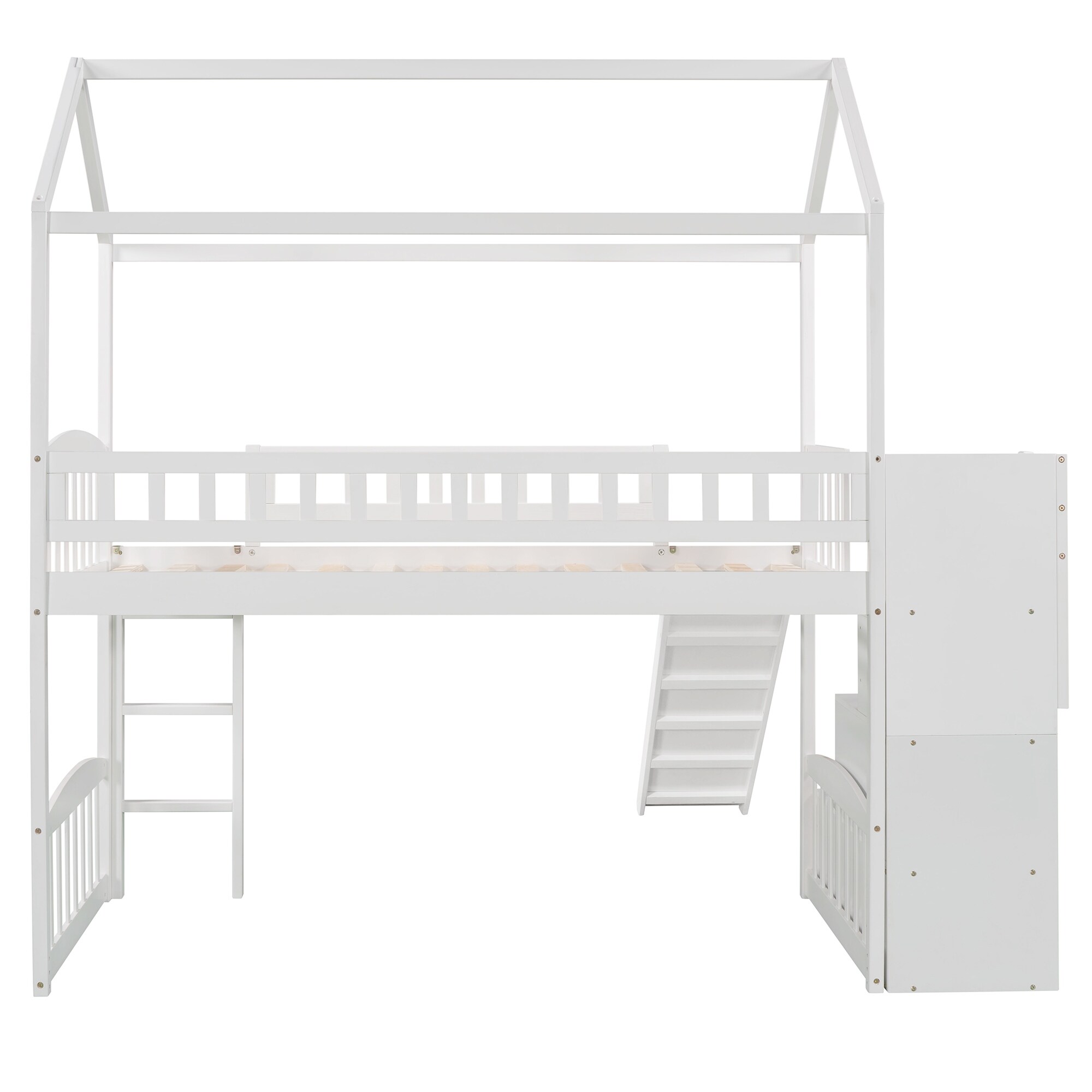 Modern Style Twin House Bed, Loft Bed with Slide and Two Drawers for Storage, Maximized Space Saving