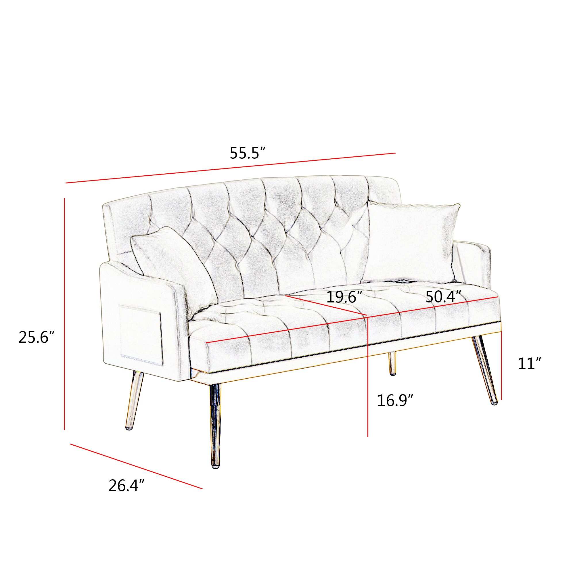 Velvet Tufted Back Loveseat Sofa with Gold Metal Legs and 2 Pillows