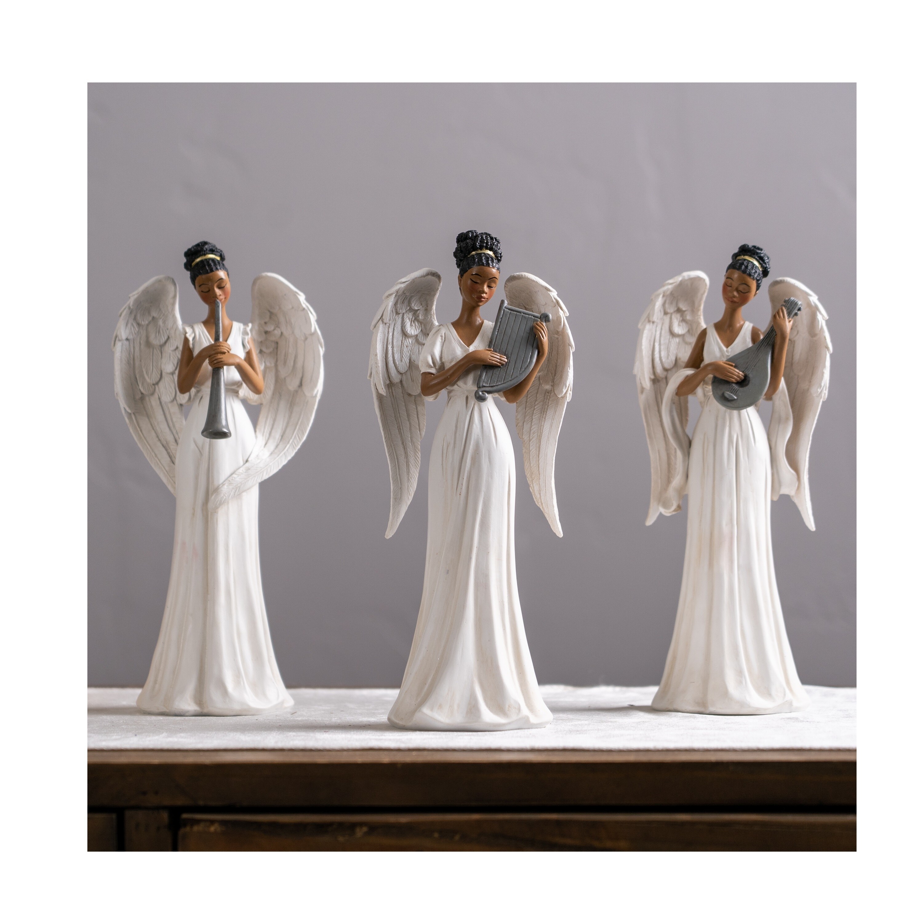 Set of 3 African American Angels Figurines with Musical Instruments 10"