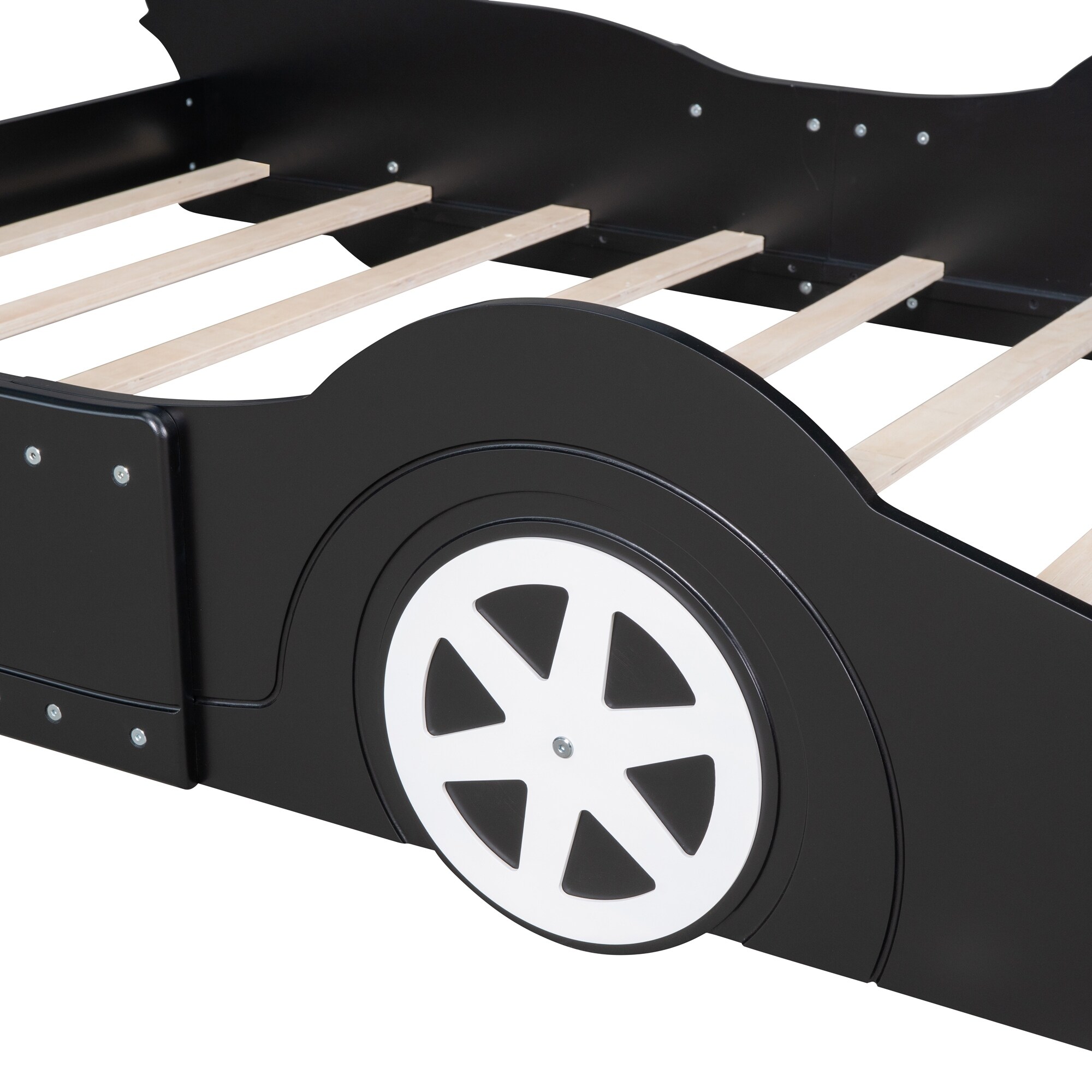 Full Size Race Car-Shaped Wooden Floor Platform Bed with Wheels, Black
