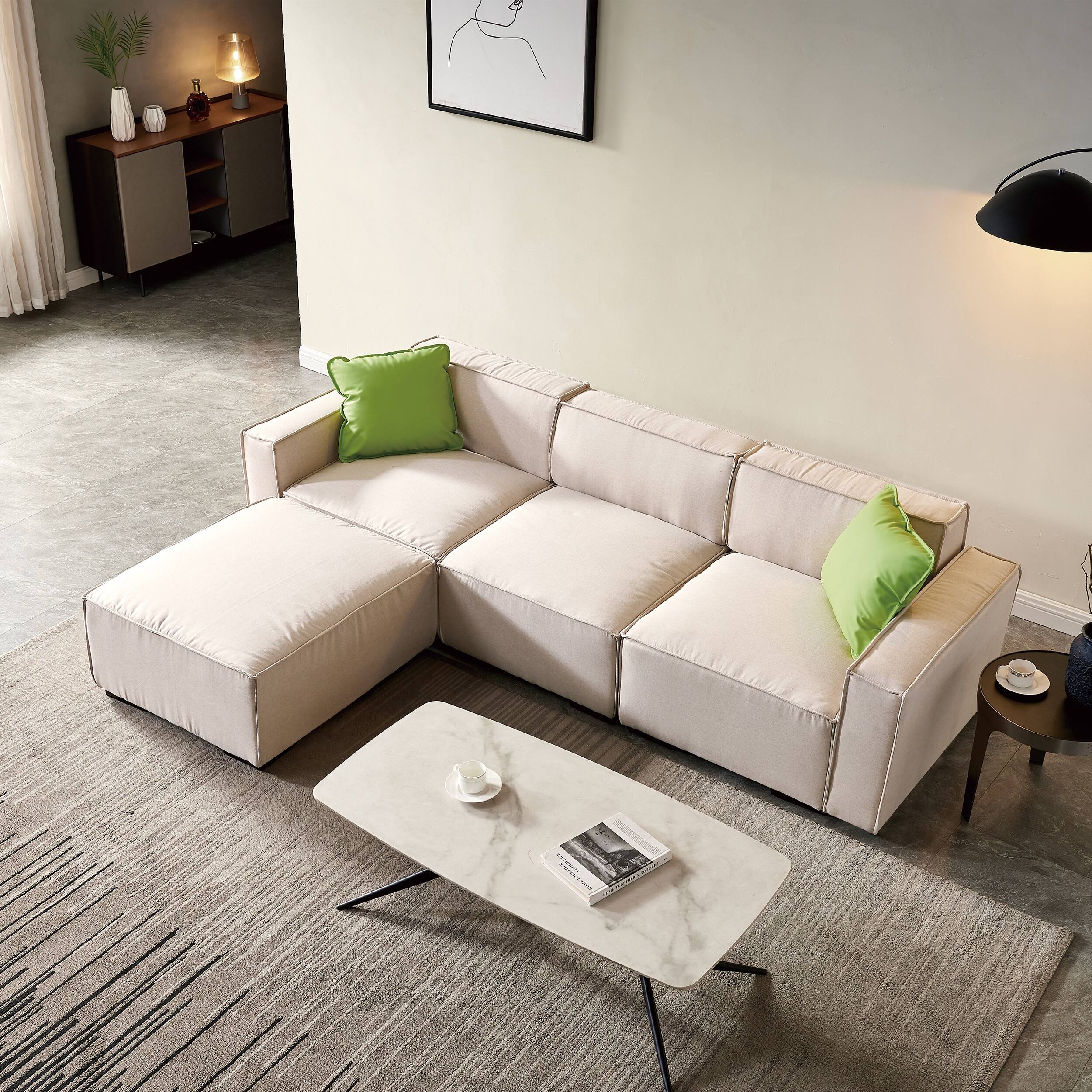 Modern 102" Modular Sectional Sofa, L Shape Polyester Padded Seats Sofa Couch with Convertible Ottoman Chaise & Pillows