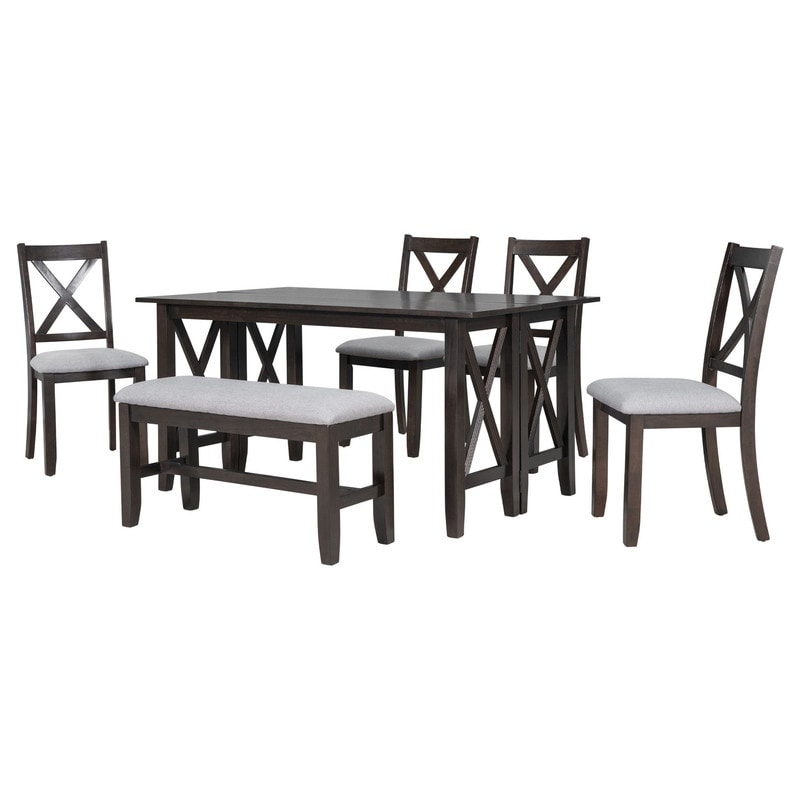 6 piece wooden folding dining table with 4 upholstered chairs, 1 bench, country style kitchen table - Espresso