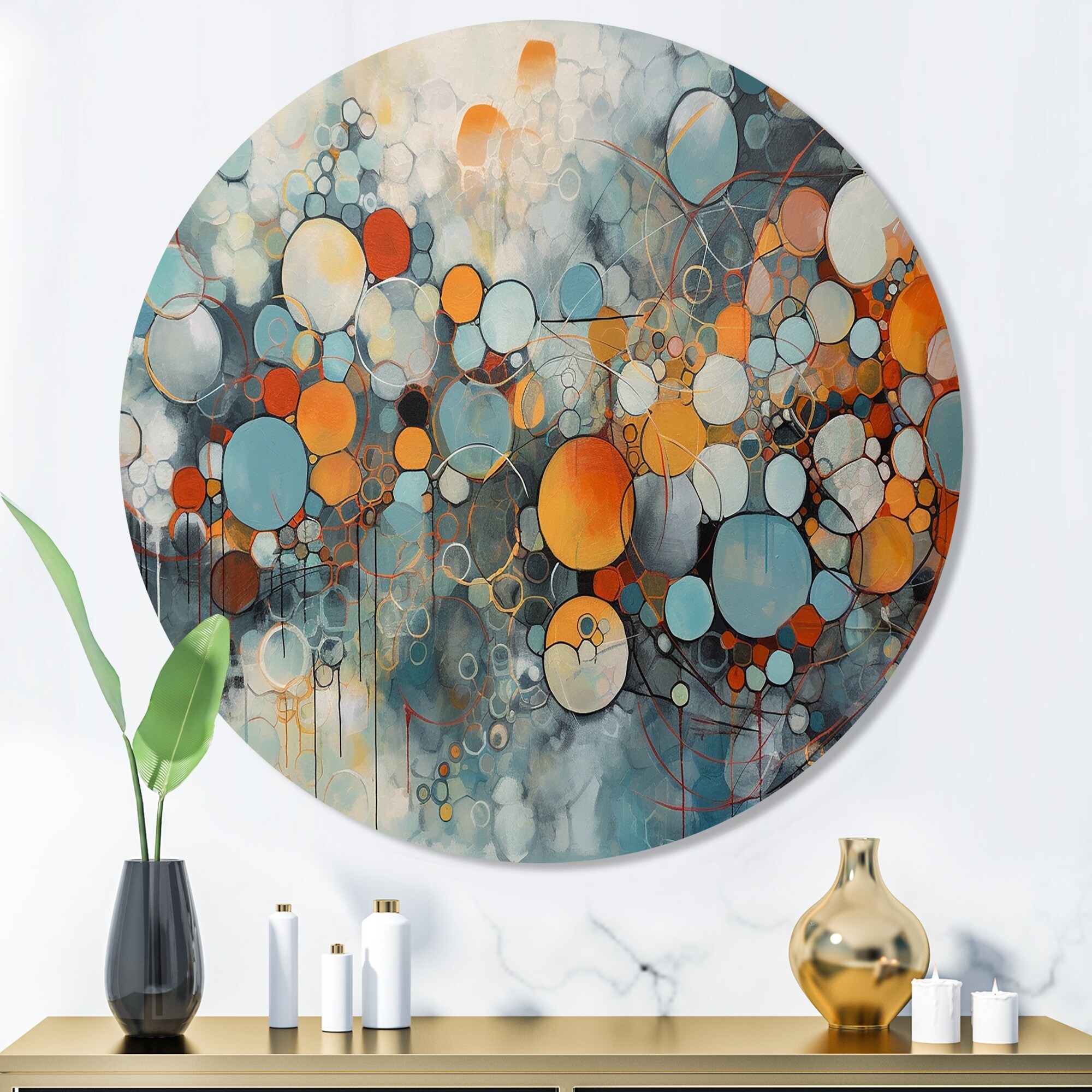 Designart "Orange And Blue Geometric Illusions" Modern Geometric Metal Round Wall Art
