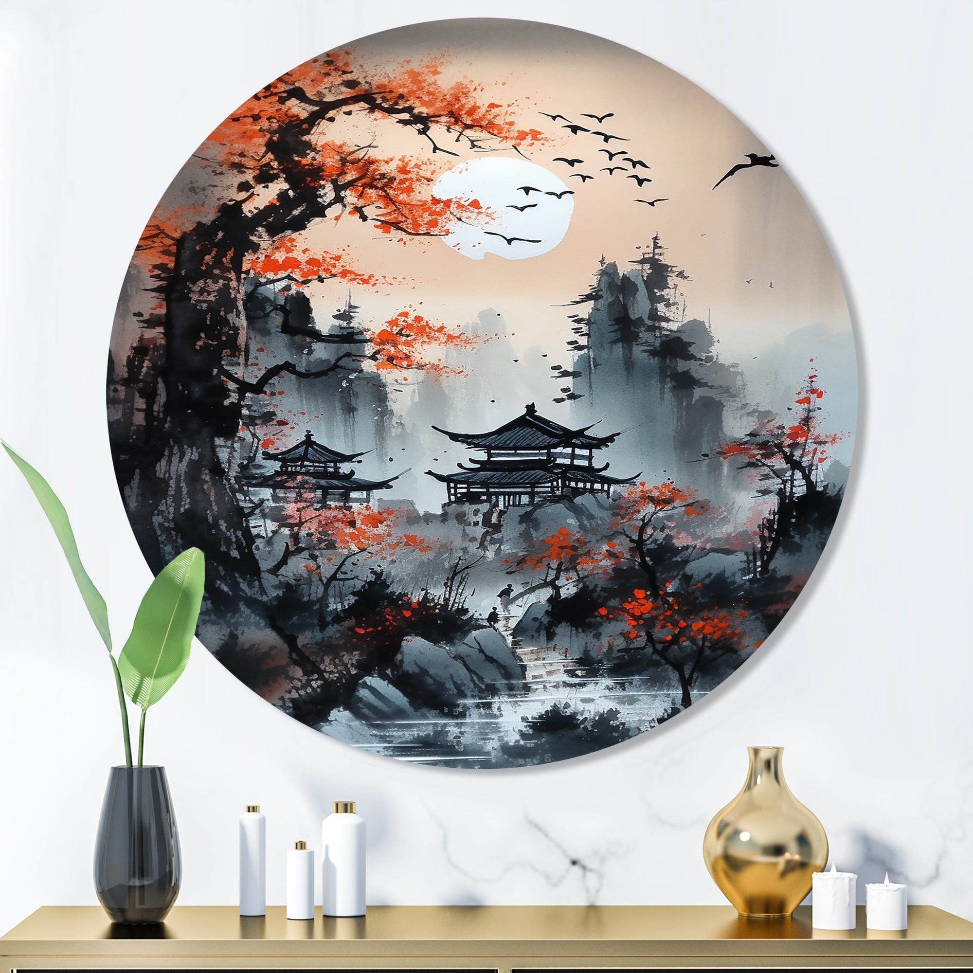 Designart "Red Moonset Raven Cry Japon IV" Japon Landscape Metal Round Wall Art
