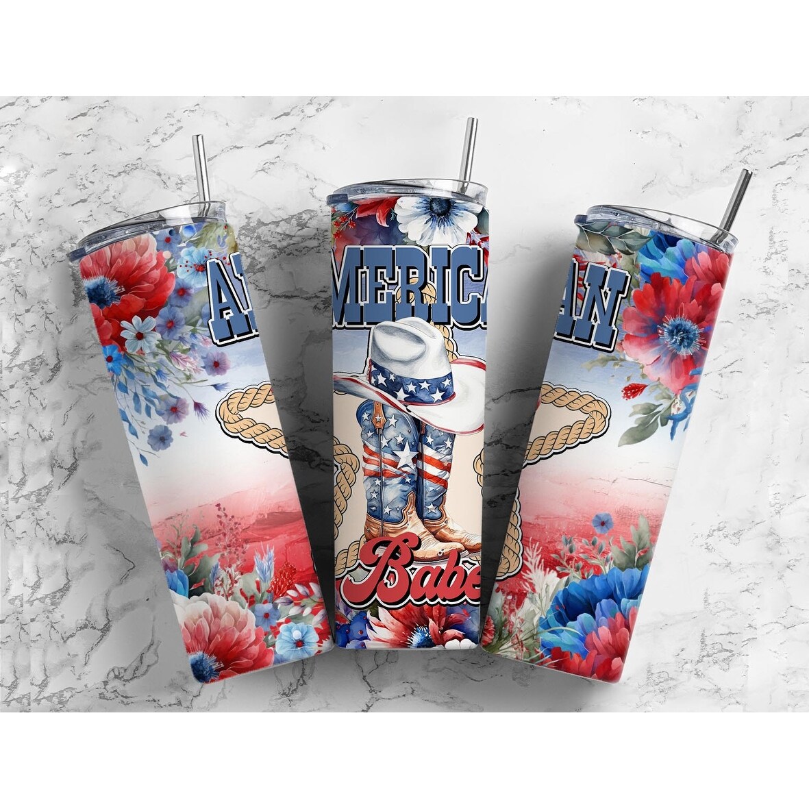 Cowgirl Hat Boots American Babe Patriotic USA 20 Oz Metal Tumbler w/Lid Straw - Multi
