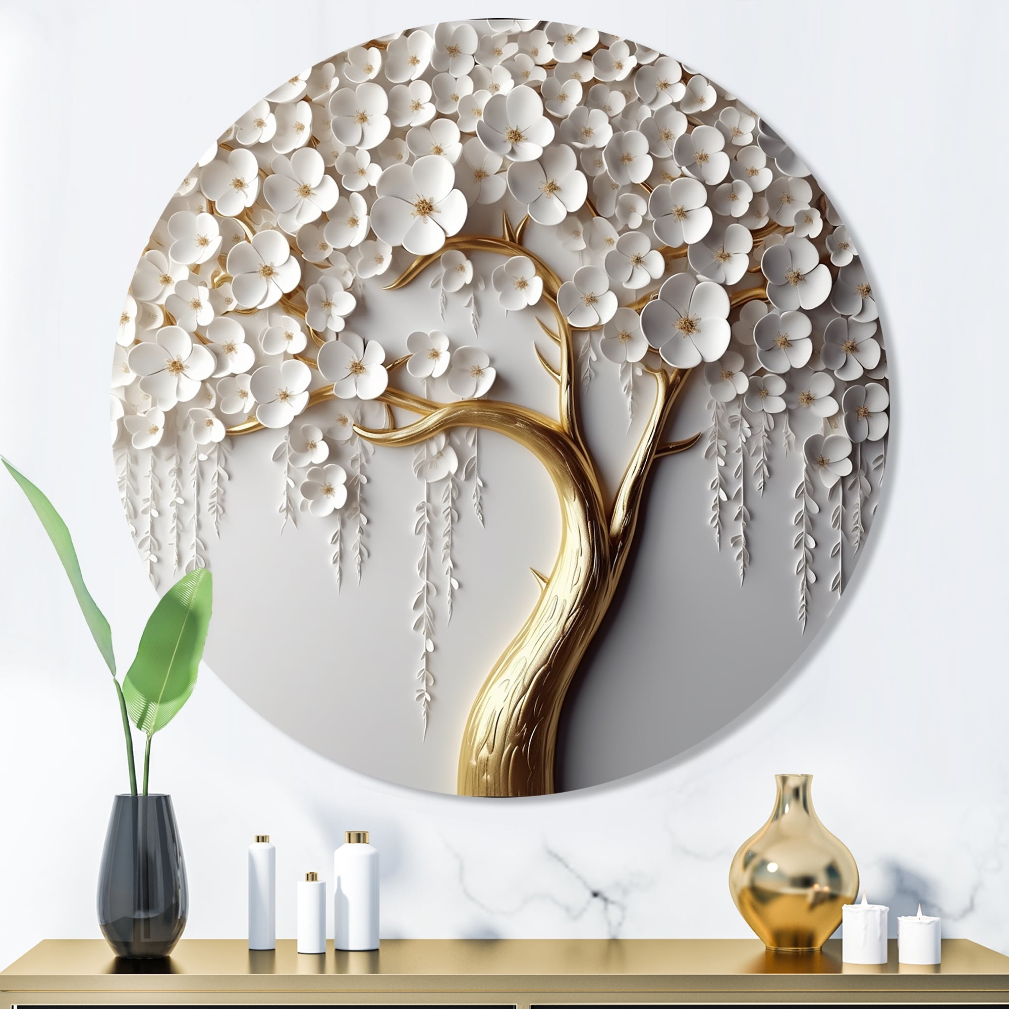 Designart "White Orchid Tree Garden Of Branches II" Tree Floral Metal Round Wall Art