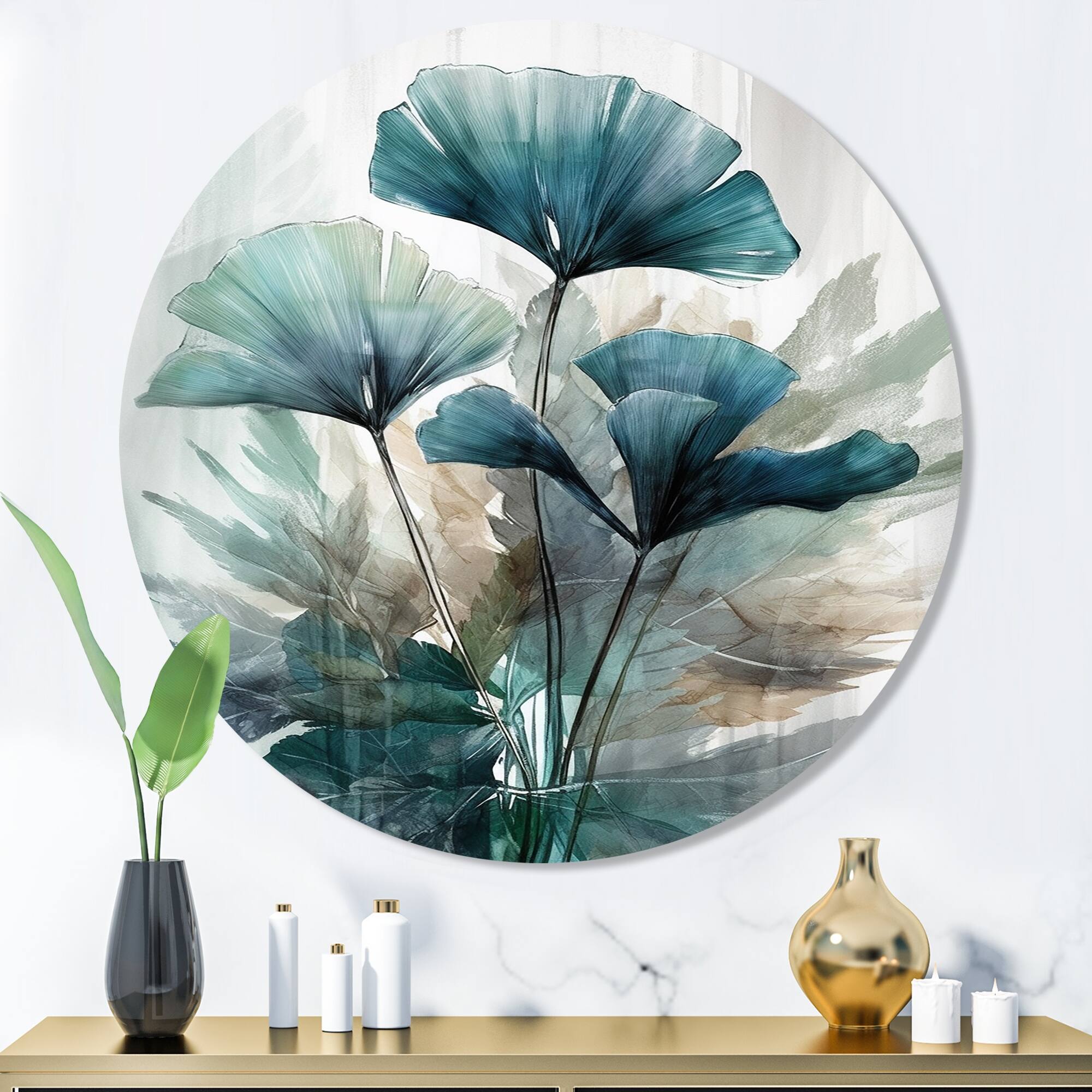 Designart "Tropical Palm Leaves Ginkgo II" Floral Leaves Metal Round Wall Art