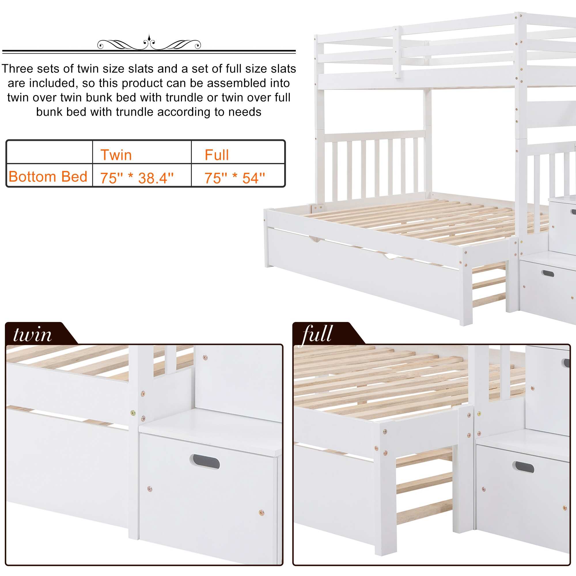 Stairway Twin Over Twin/Full Bunk Bed with Twin Trundle & Drawers, Versatility Solid Wood Bunk Bed w/Full-Length Guardrail,White