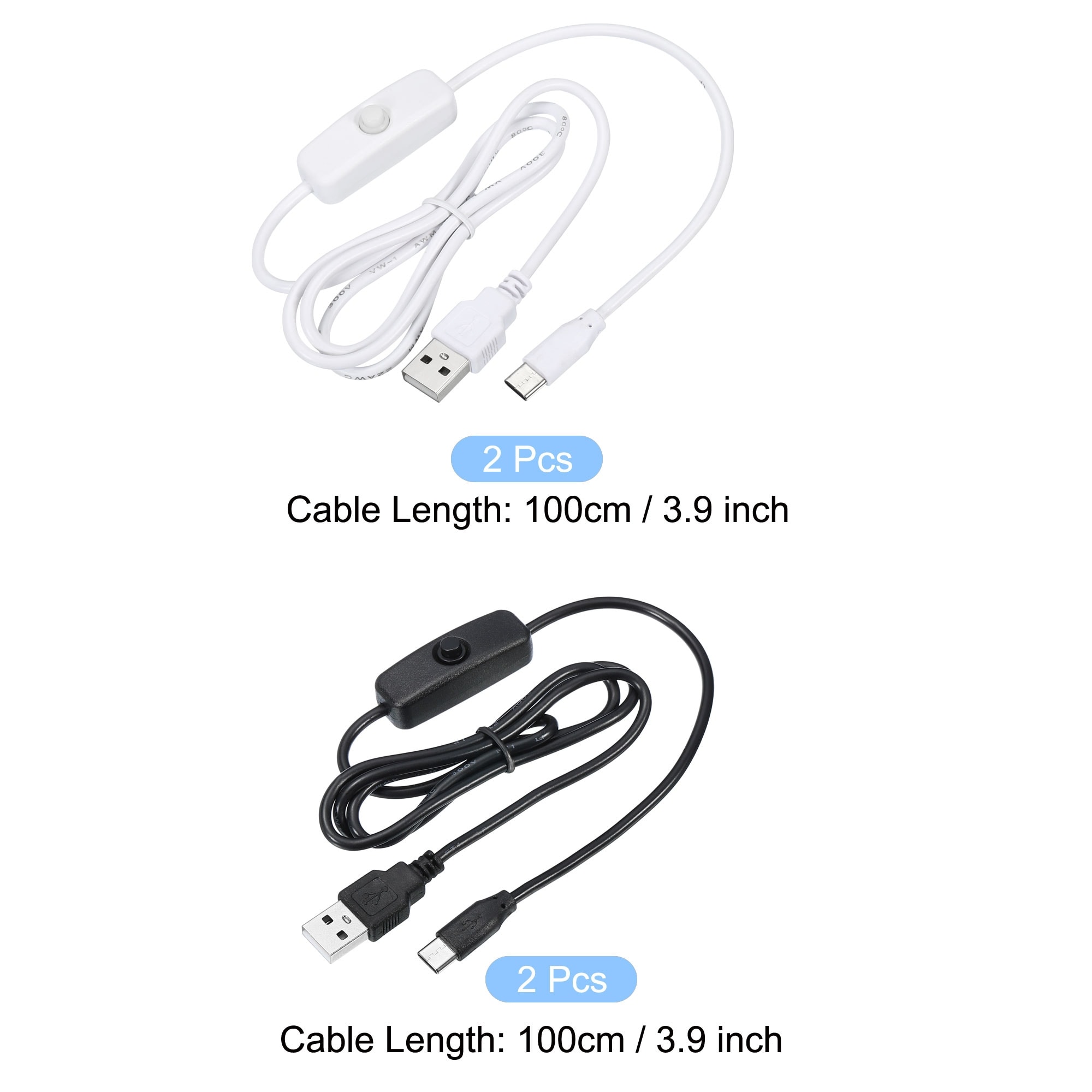 USB Male to USB Type C Male Power Cable 100cm with 501 Switch 1 Set - Black, White