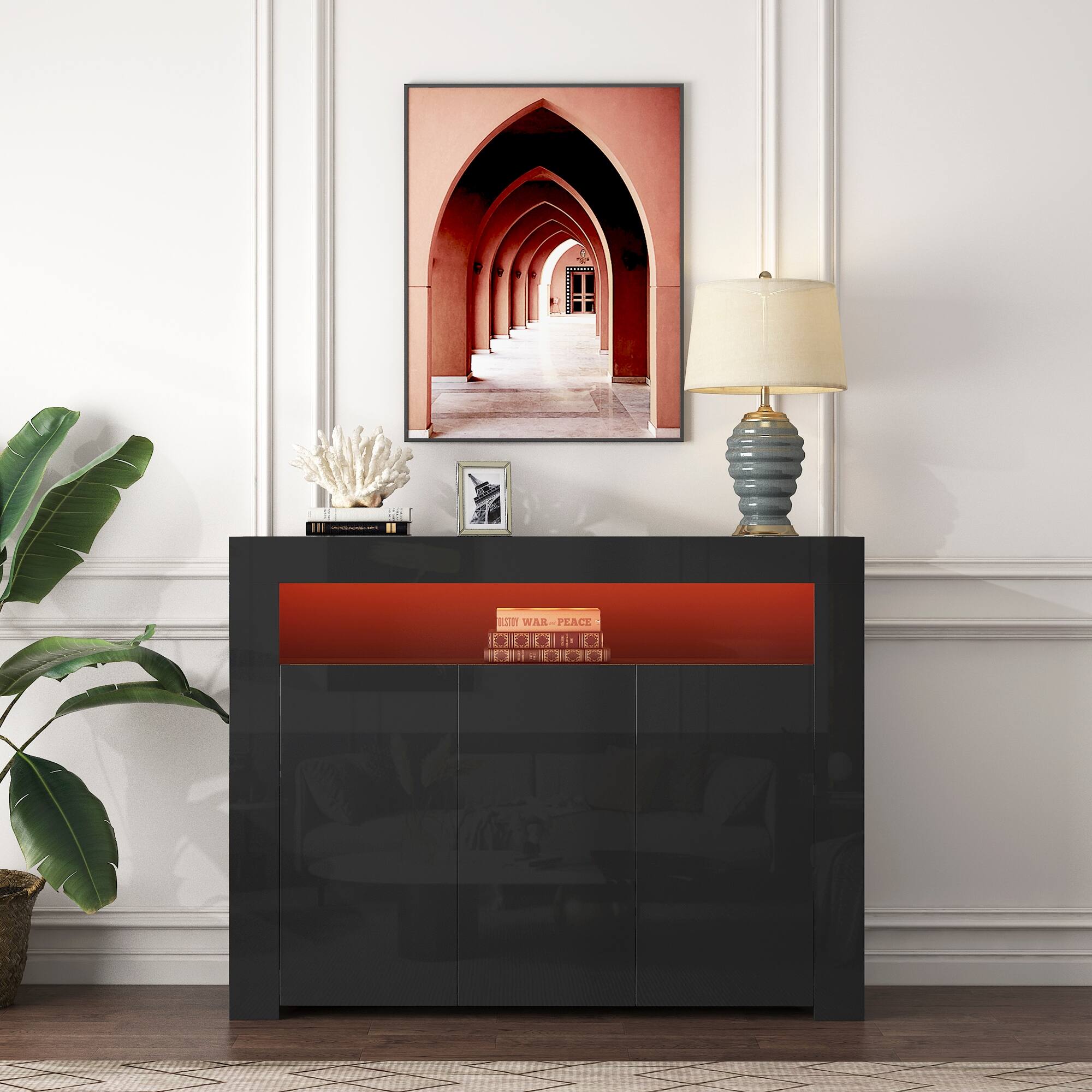 Living Room Sideboard Storage Cabinet Black High Gloss with LED Light