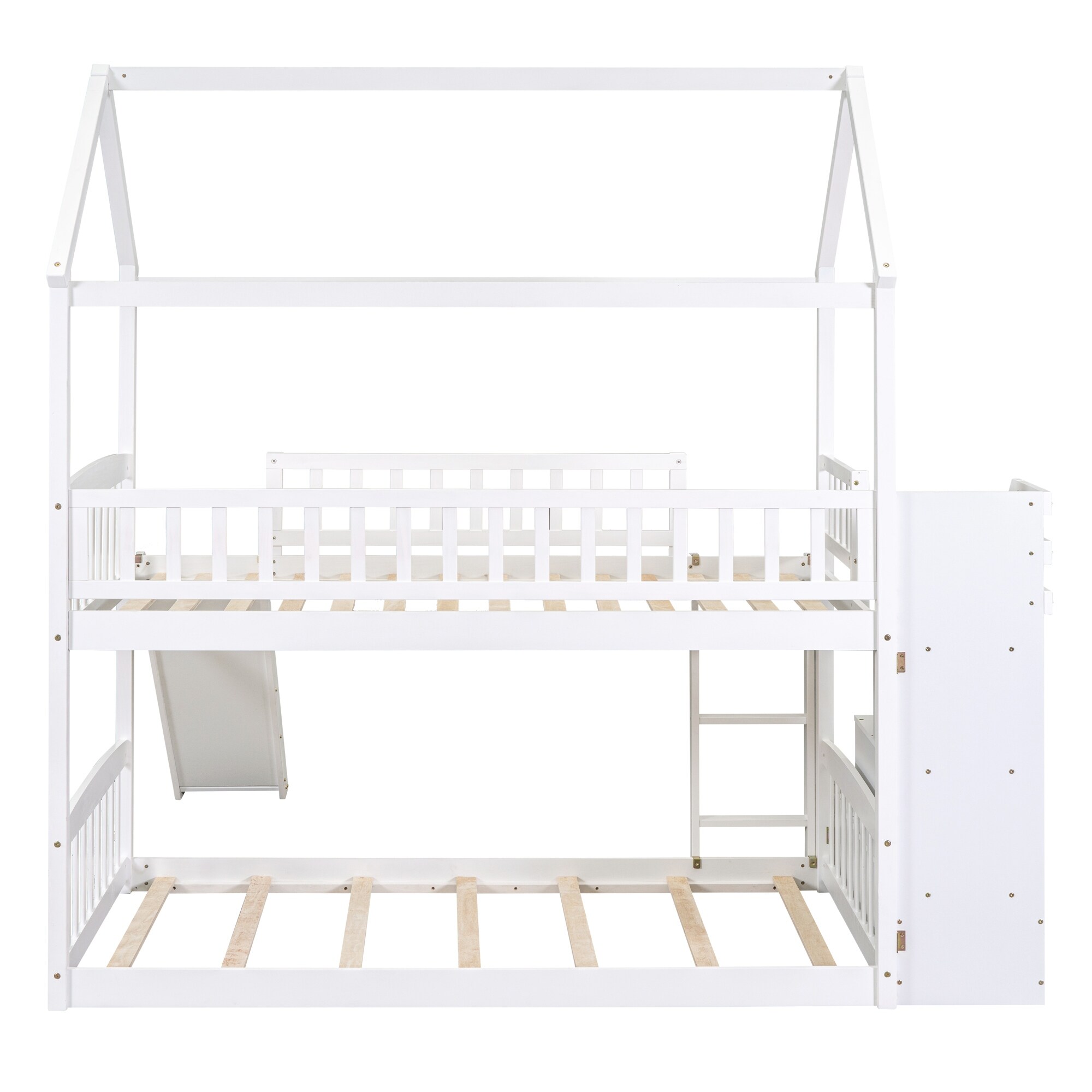 Twin Over Twin Bunk Bed with Drawers and Slide, House Bed with Slide,White