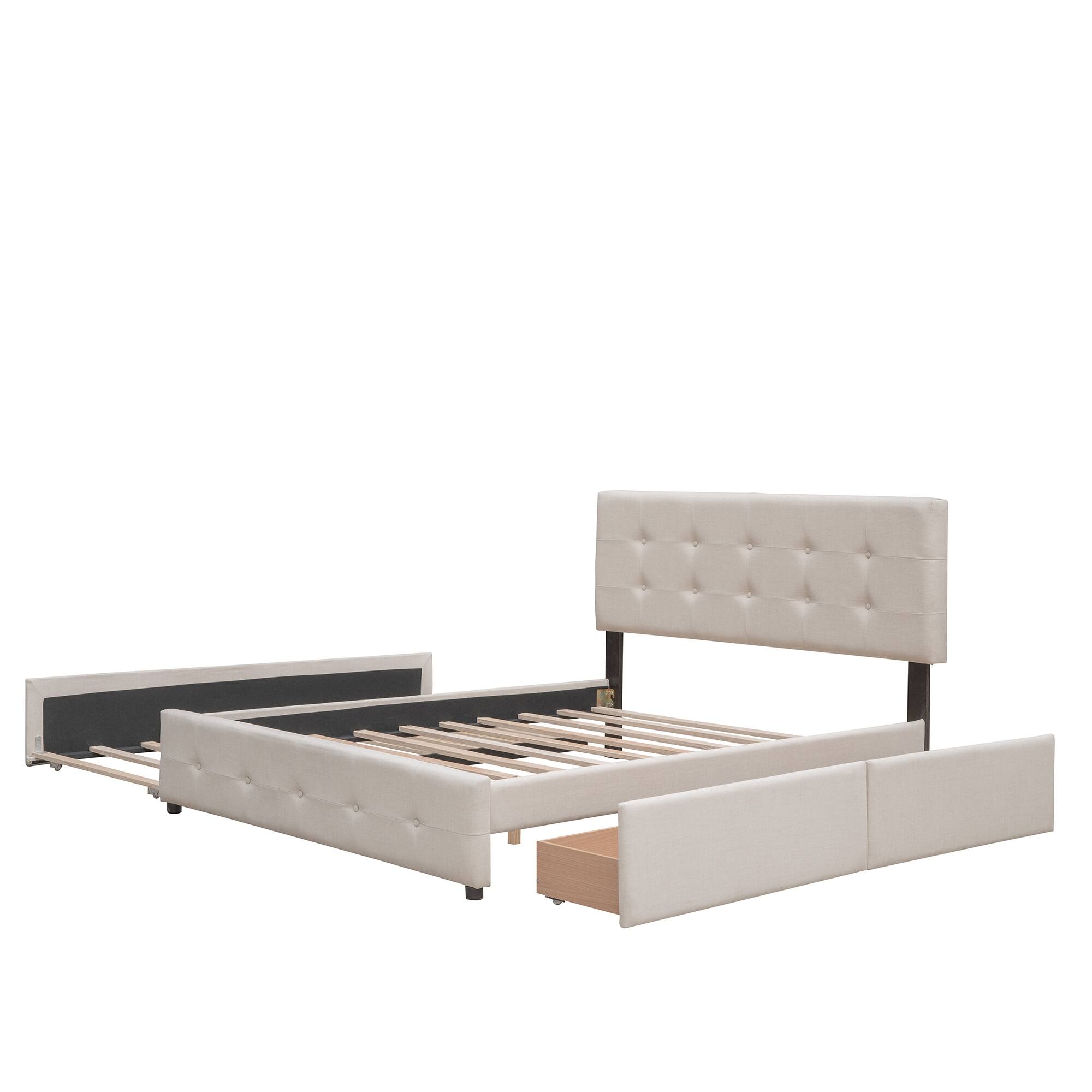 Upholstered Platform Bed with 2 Drawers and 1 Twin XL Trundle, Linen Fabric, Queen Size - Dark Gray