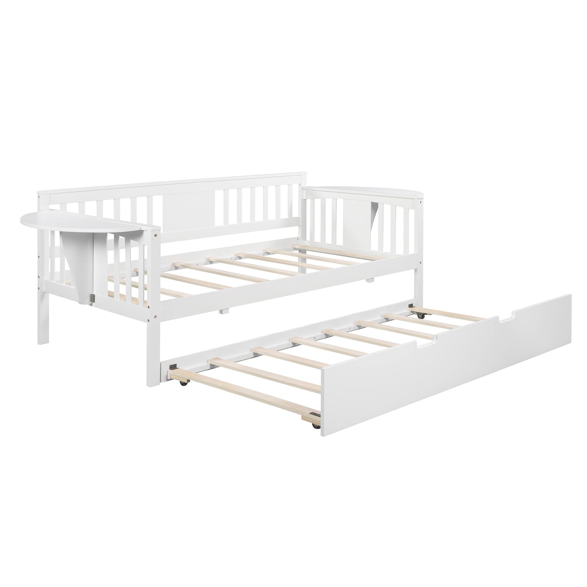 Twin Wooden Daybed with Trundle Bed , Sofa Bed for Bedroom Living Room, White