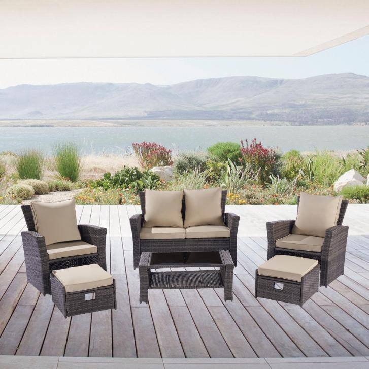 Outdoor Sectional Sofa Conversation Set for Porch Lawn Garden with Khaki Cushions - Khaki