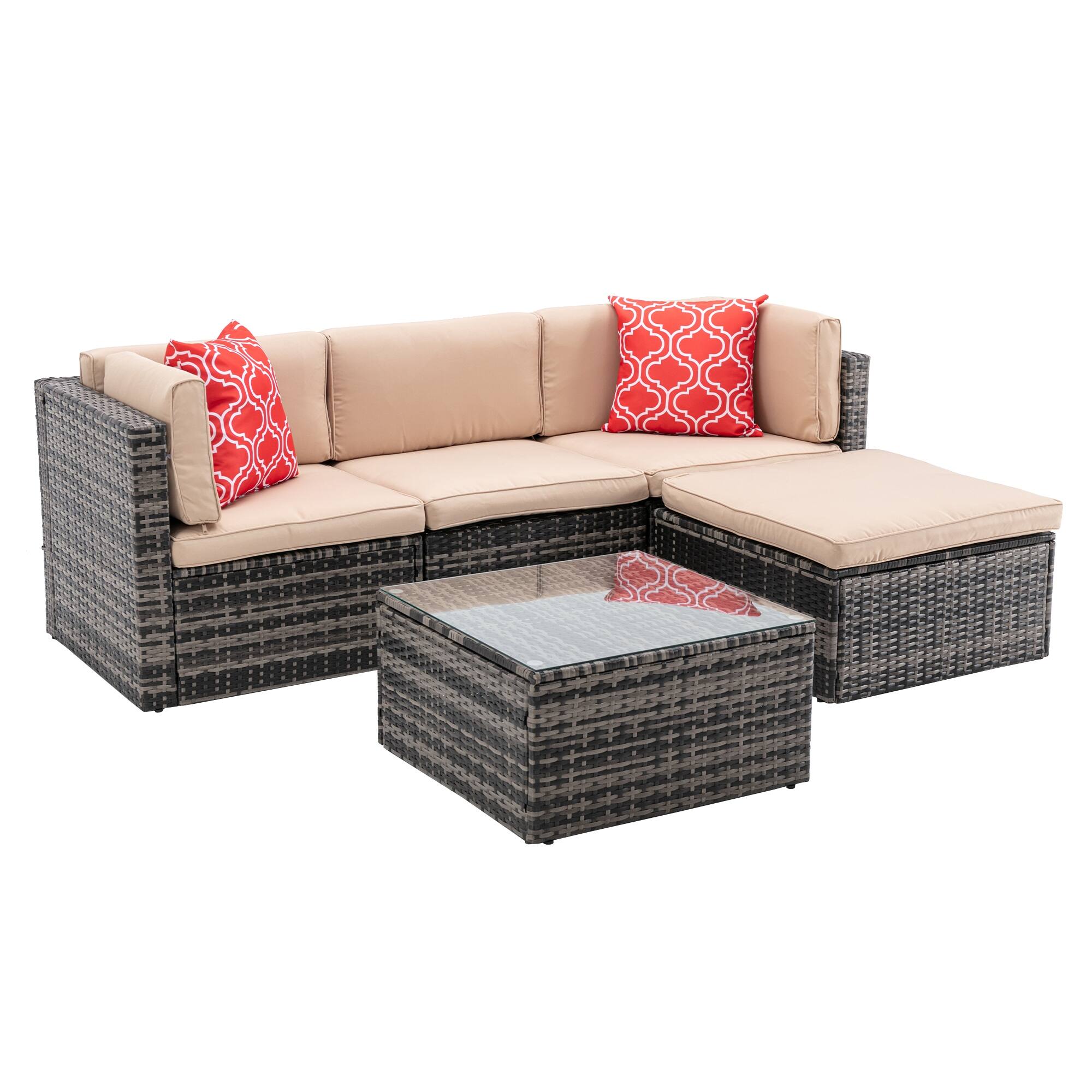 Outdoor Patio Furniture Set, 5 Piece PE Rattan Wicker Sectional Sofa with Cushions and Coffee Table, Garden Style