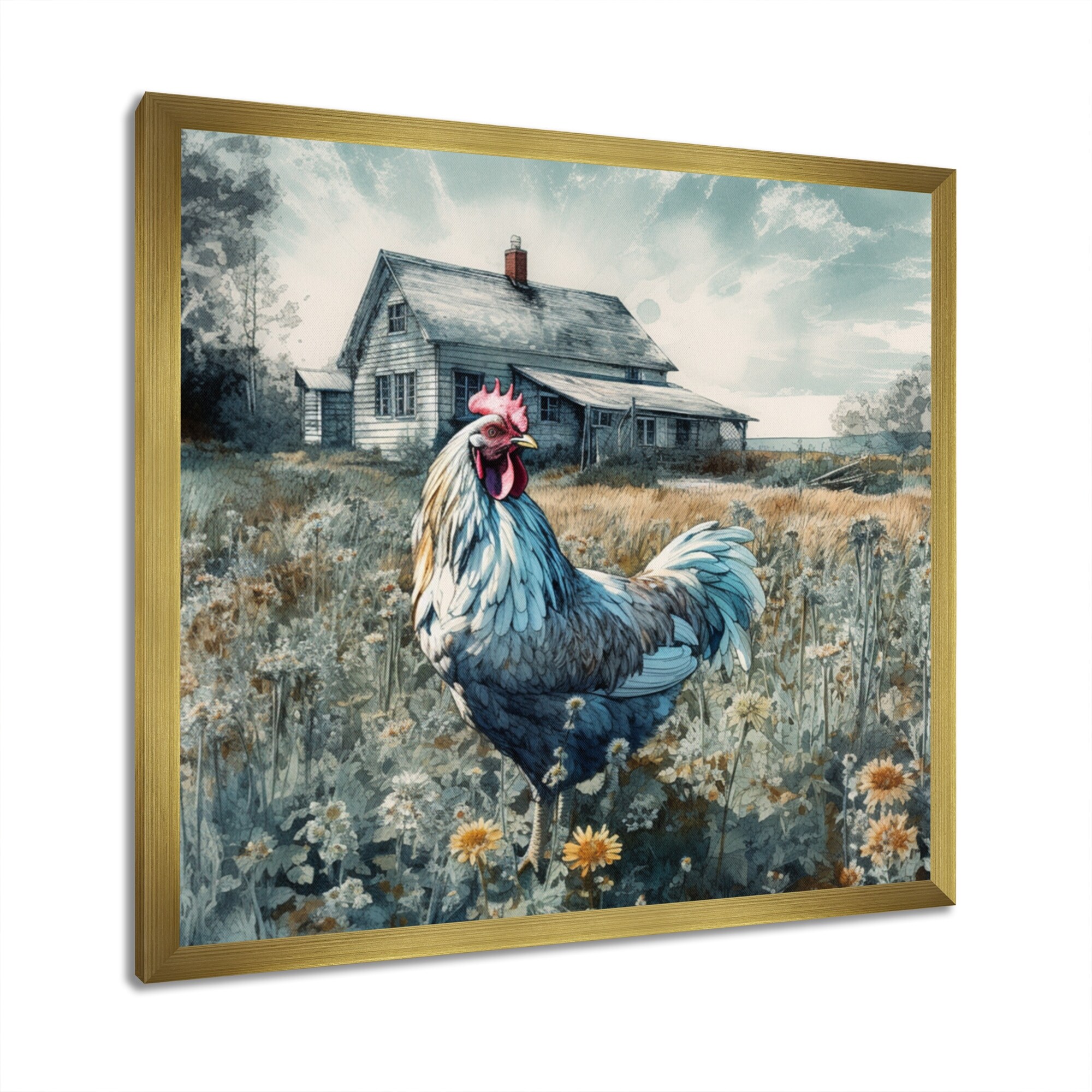 Designart "Rooster On A Farm I" Animals Chicken Framed Wall Decor