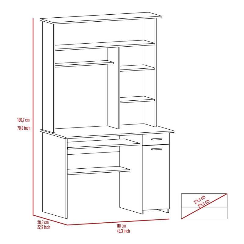 2-Drawers 6-Shelf Hutch Desk, Writing Console Table