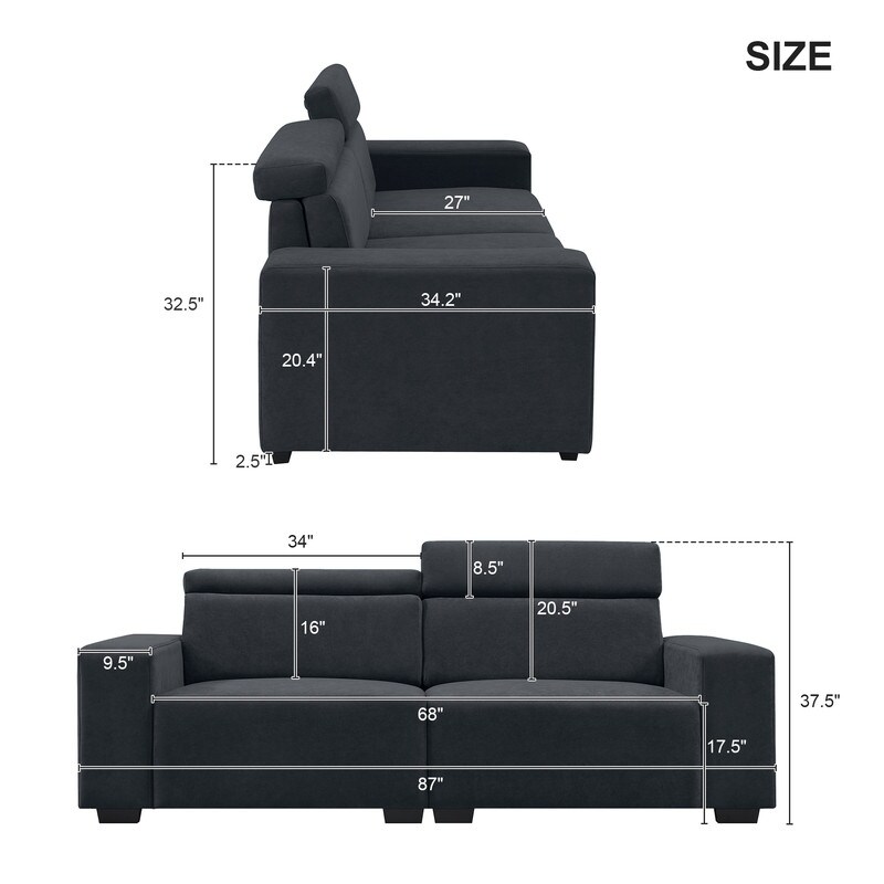 87*34.2 inches 2-seater sectional sofa, adjustable headrest, spacious and comfortable velvet love seat