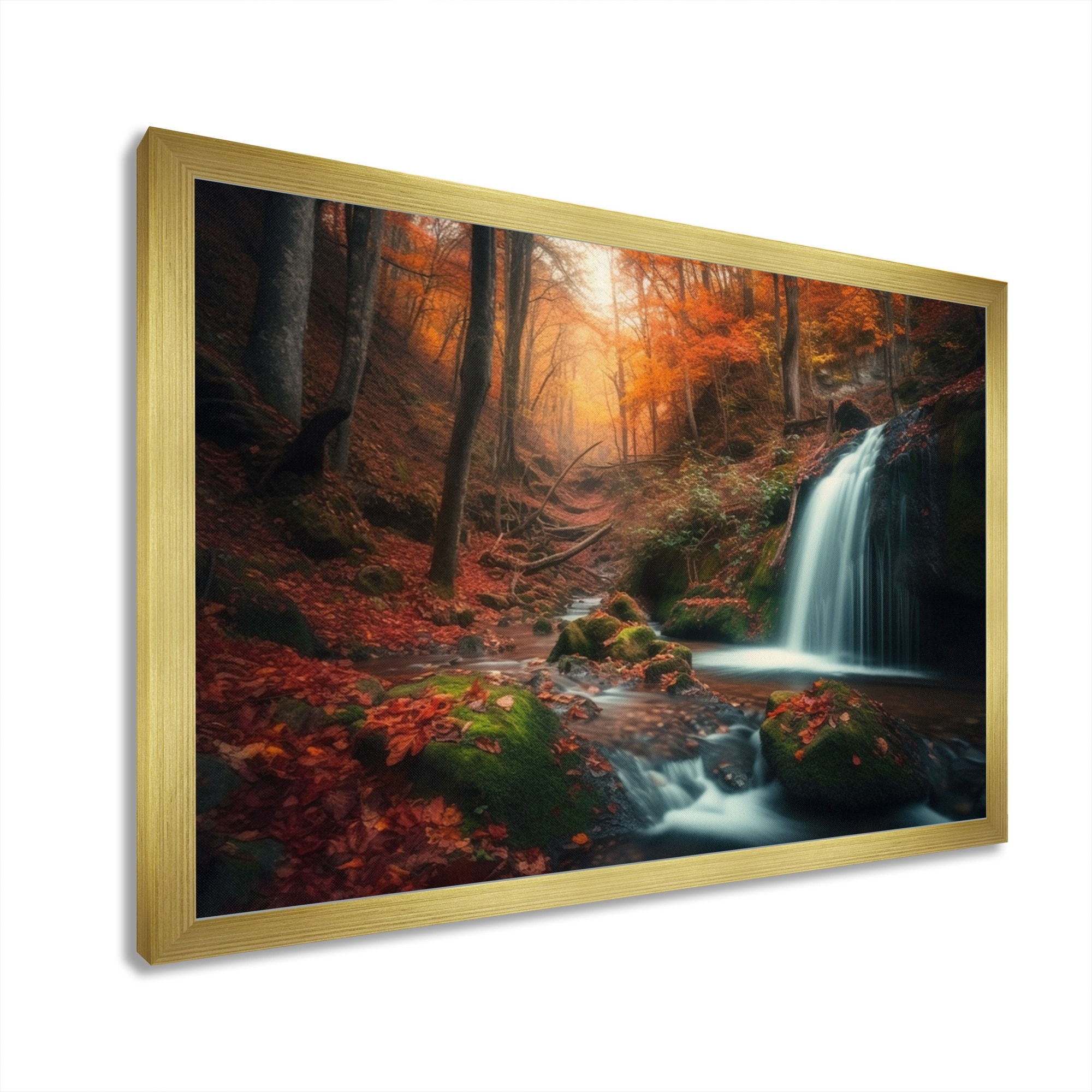 Designart "Waterfall In Autumn Ii" Landscape Forest Framed Canvas Print