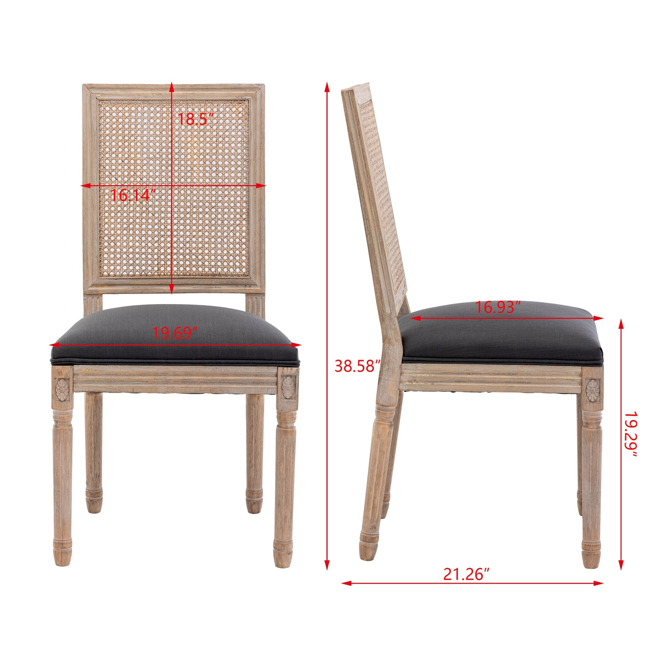 French Style Solid Wood Frame Antique Painting Linen Fabric Square Rattan Back Dining Chair(Set of 2)