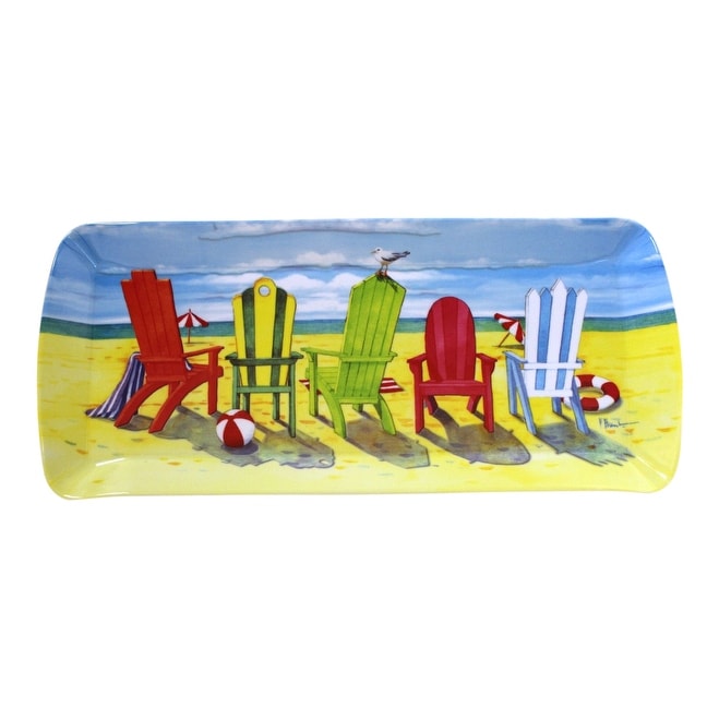 Bright Beach Chairs Shoreline Coastal Scene 15 Inch Oblong Melamine Serving Tray - Multi