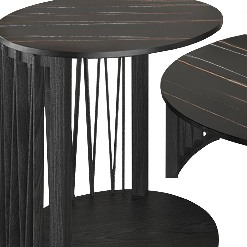 HomeRoots 35" Black Marble And Solid Wood Round Nested Coffee Tables - 35