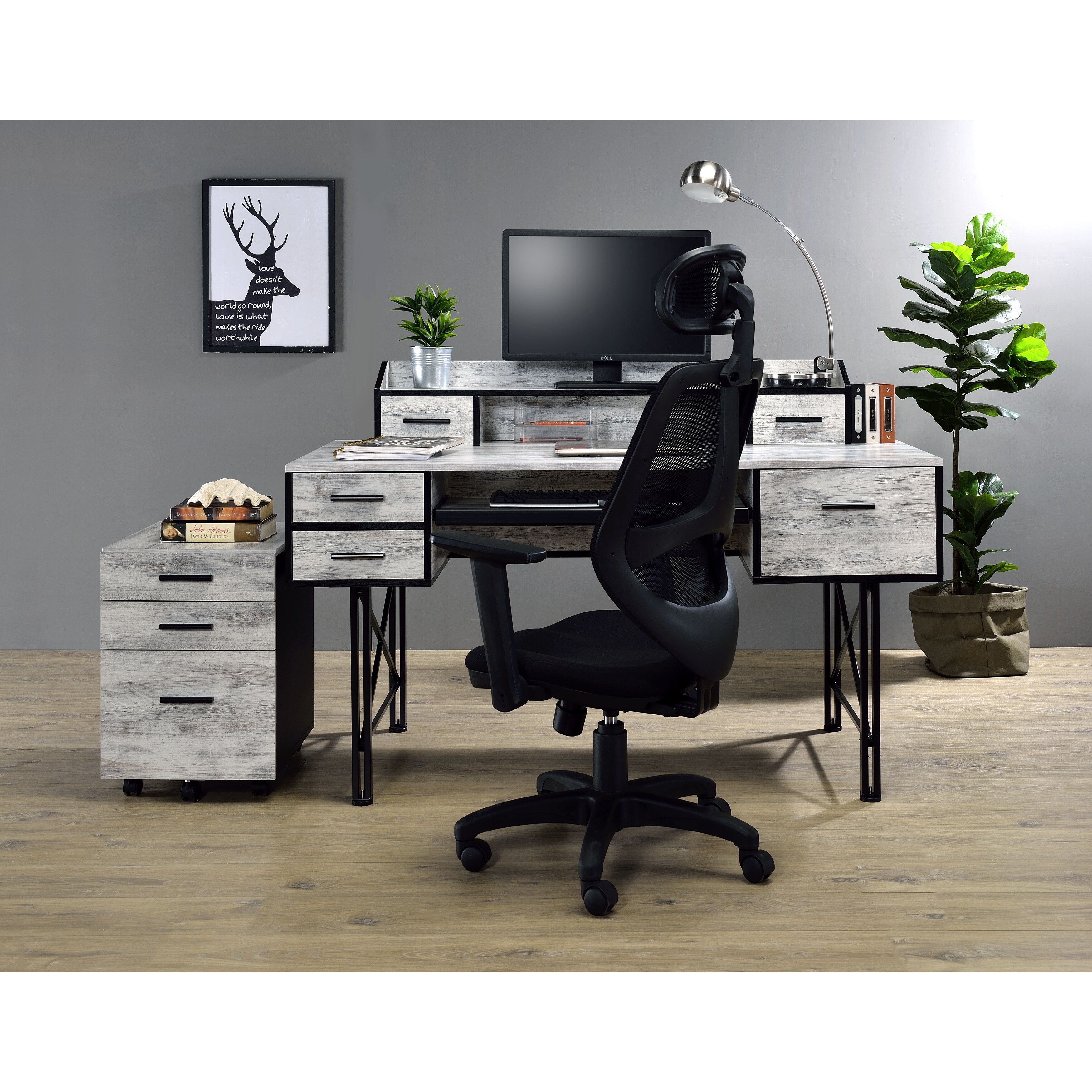 Kelsey Antique White and Black Computer Desk with Hutch
