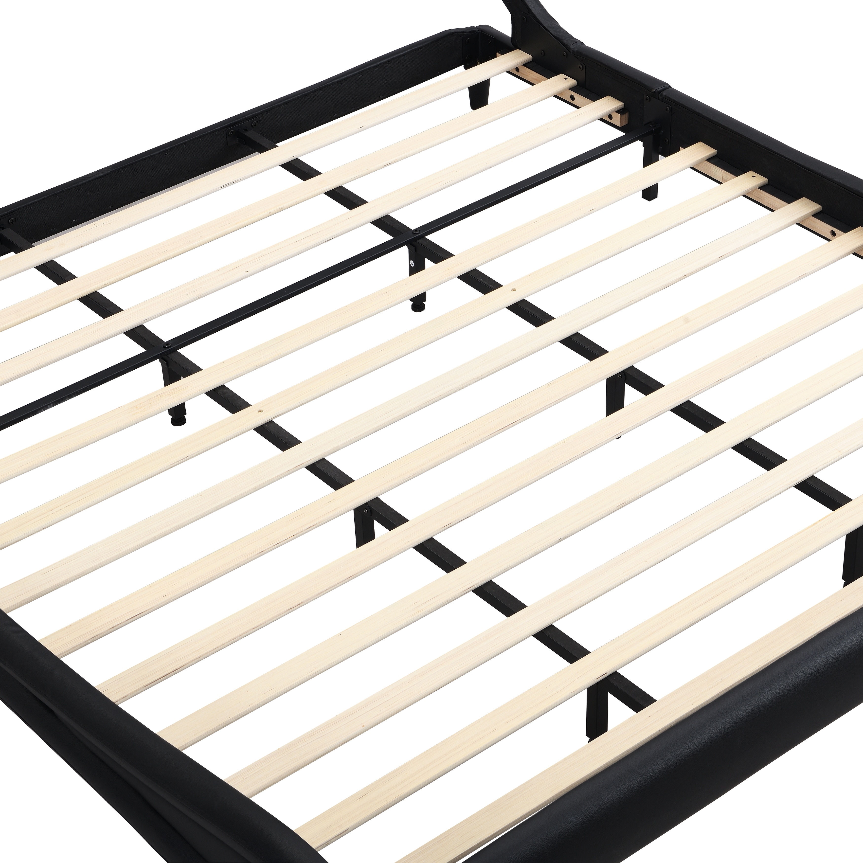 LED-Lit Wave-Like Faux Leather Upholstered Platform Bed Frame, Strong Wood Slats, Easy Assembly