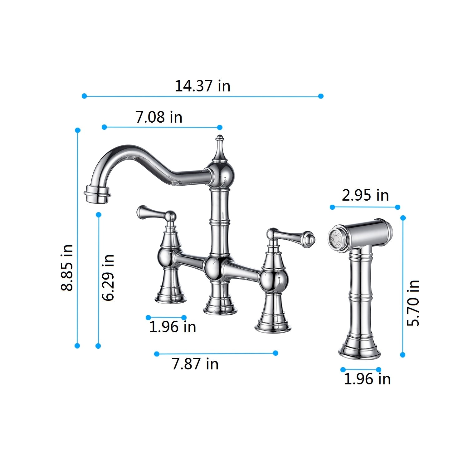 Stainless Steel Bridge Dual Handles Kitchen Faucet With Pull-Out Side Spray