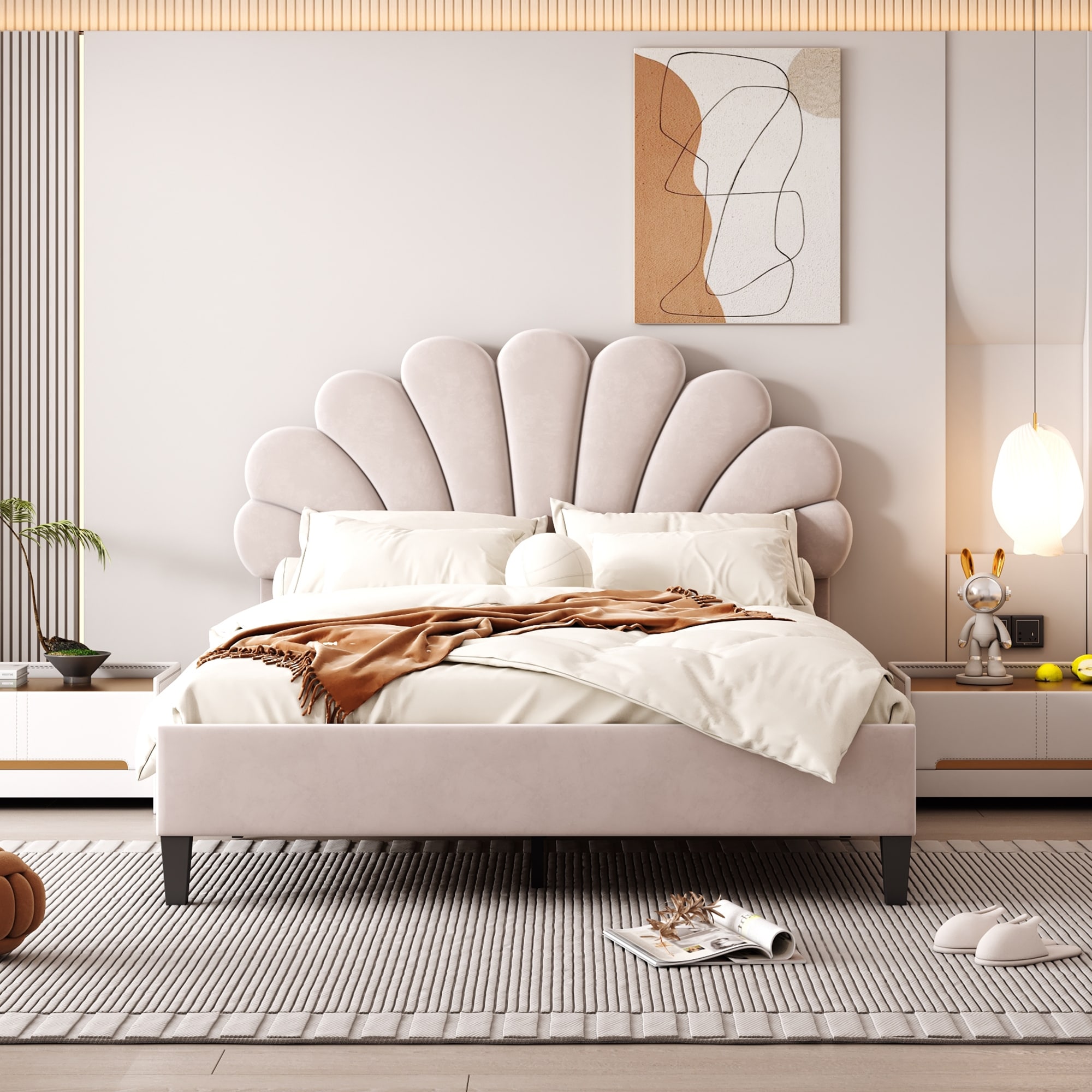 Full Size Upholstered Platform Bed with Flower Pattern Headboard, Velvet