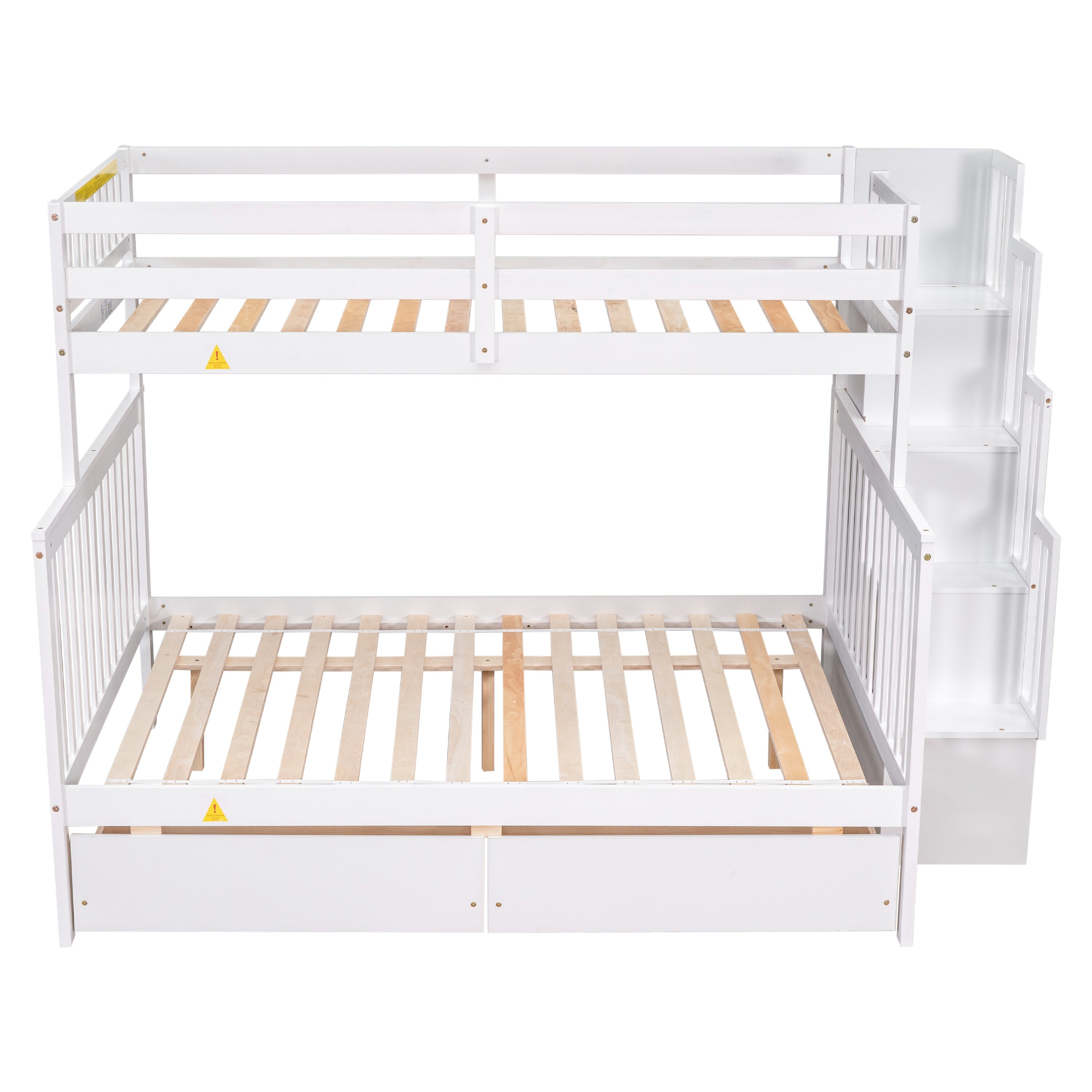 Twin Over Full Bunk Bed with 2 Drawers, Staircases, and Convertible Option, Pine Bed with Staircase Storage and Safety Rails